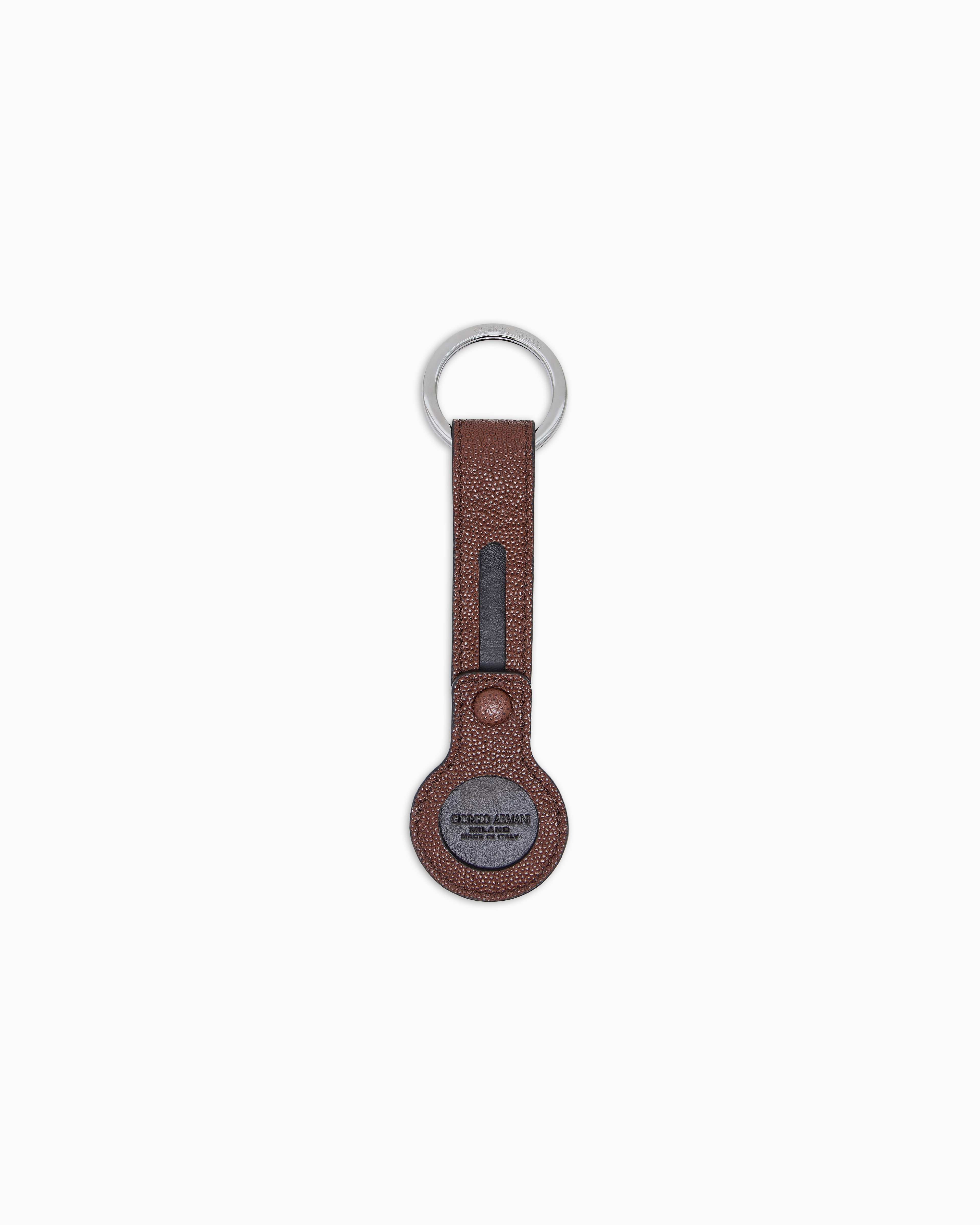 Giorgio Armani Brown Airtag Keyring In Pebbled Calfskin