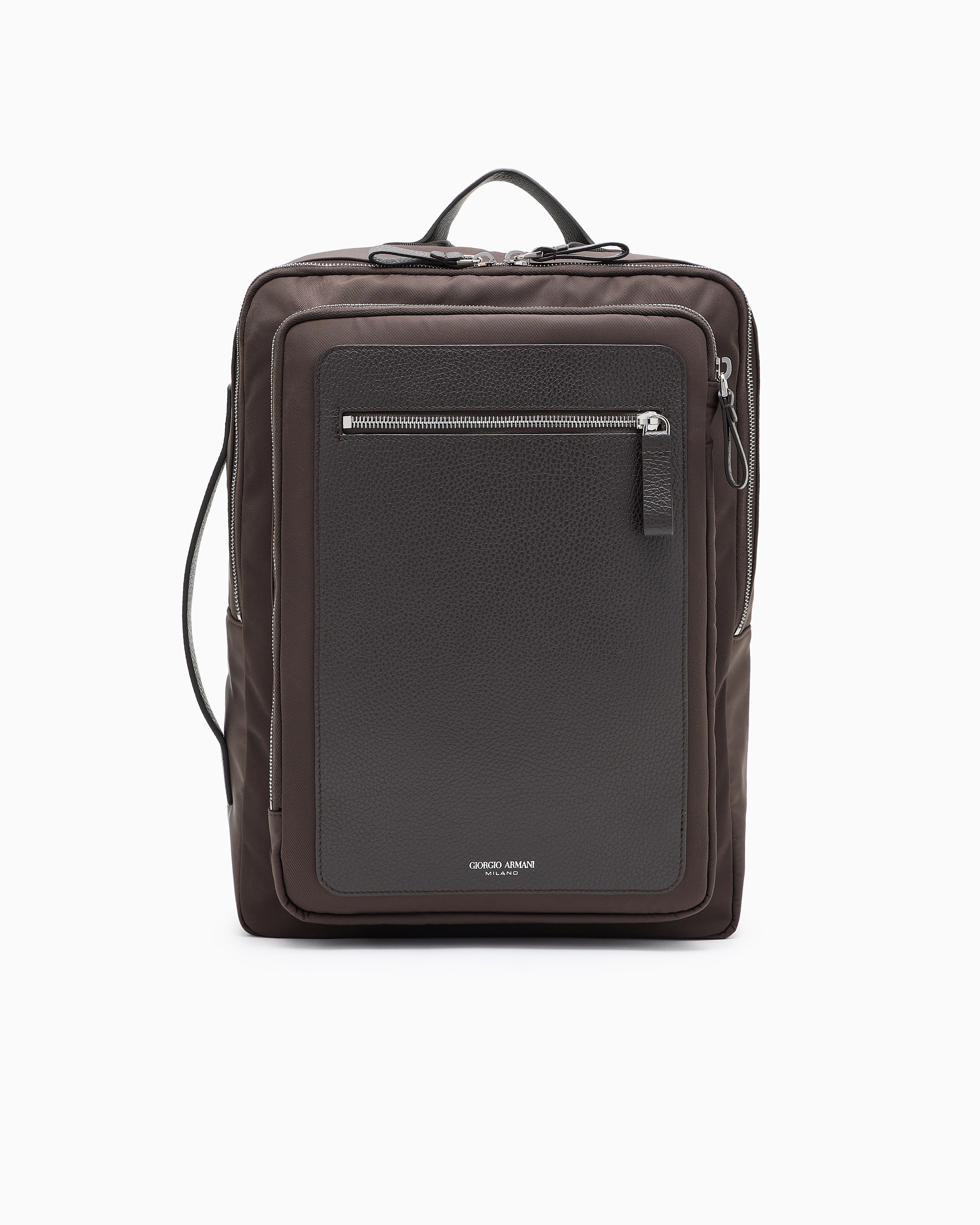 Giorgio Armani Brown Nylon And Pebbled-Leather Backpack