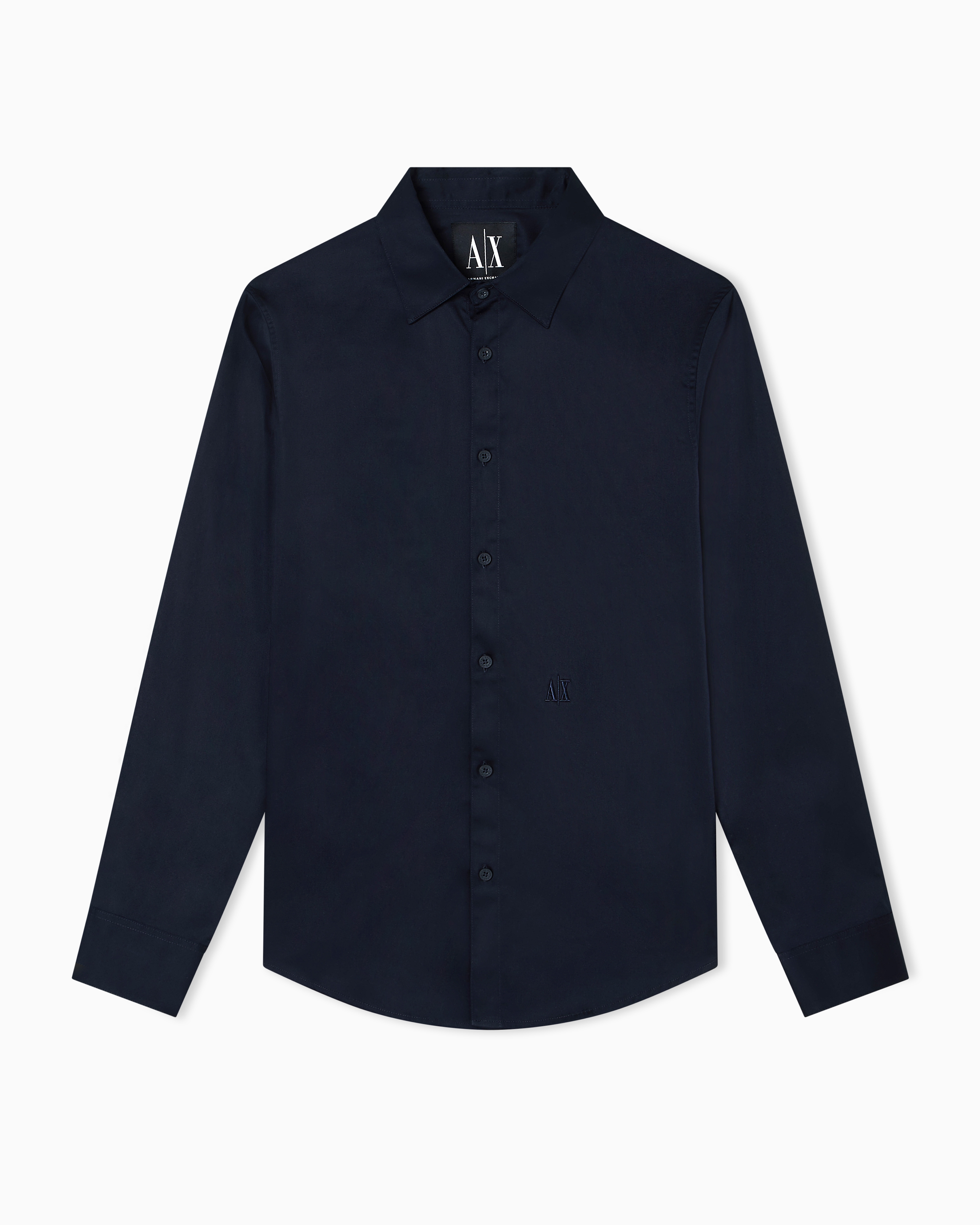 Armani Exchange Men's Navy Blue Classic Stretch Cotton Satin Shirt