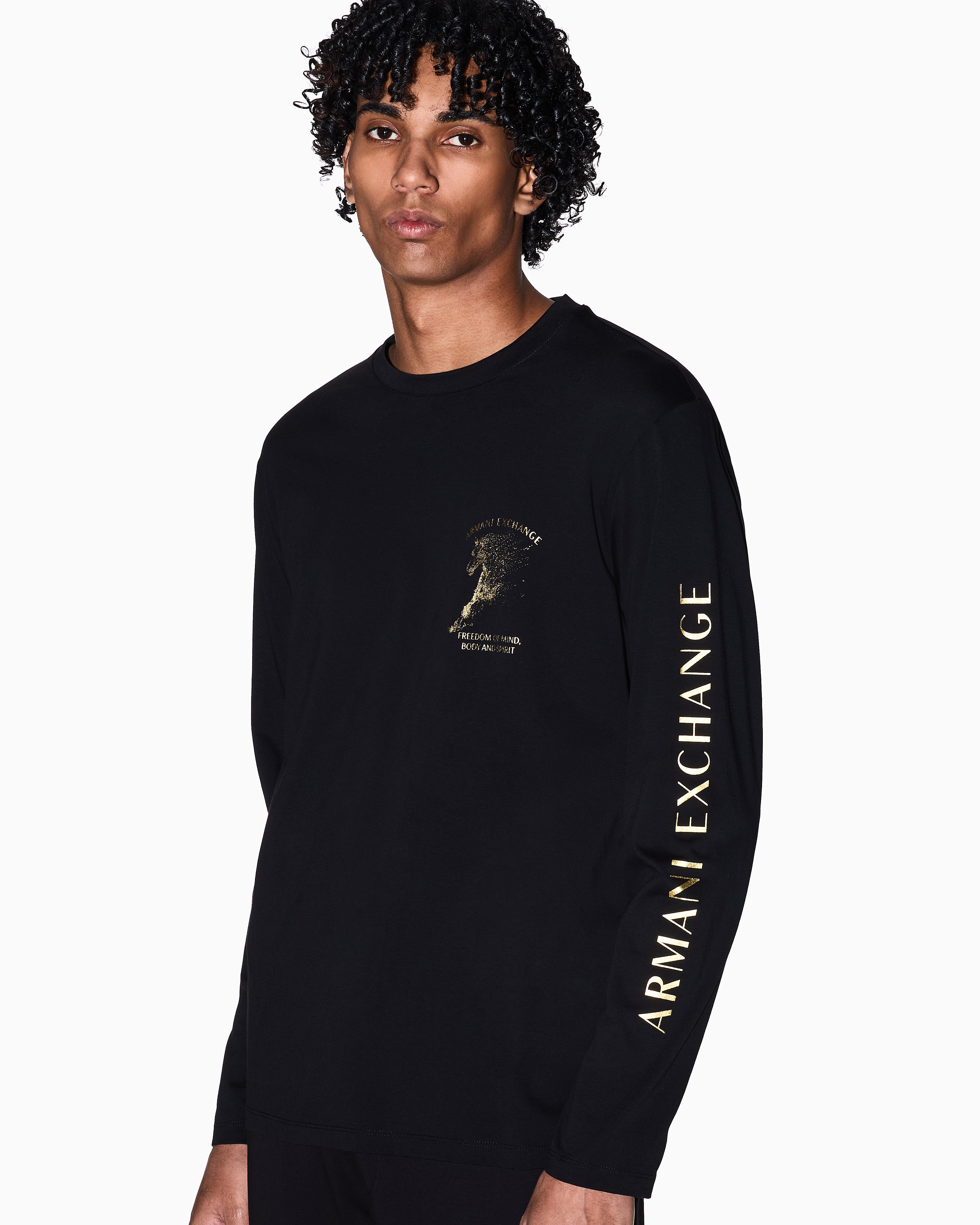 Long-Sleeved Mercerized Cotton Jersey T-Shirt with Dragon | Armani