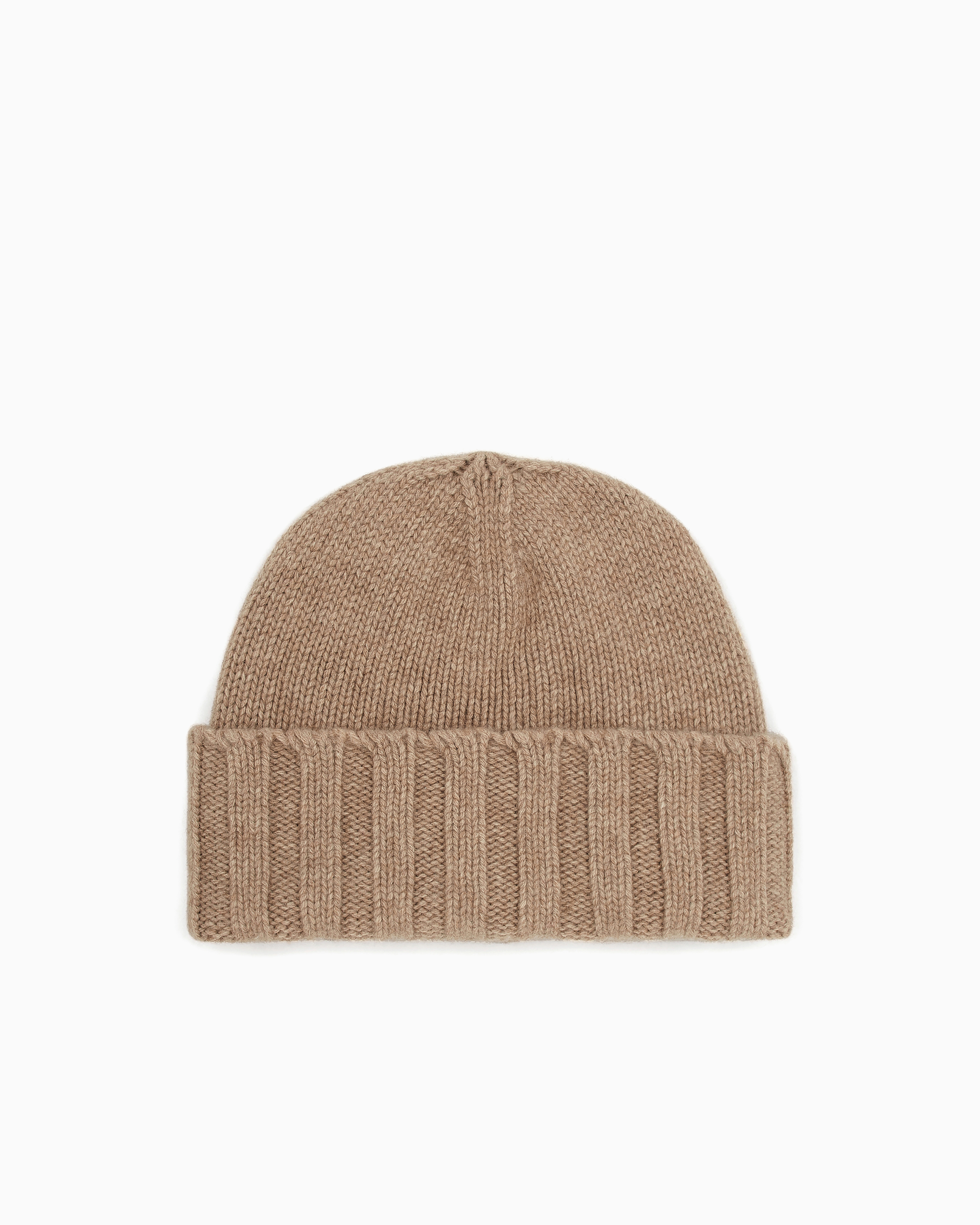 Emporio Armani Beige Cashmere Beanie With Ribbed Texture And Cuff Essential