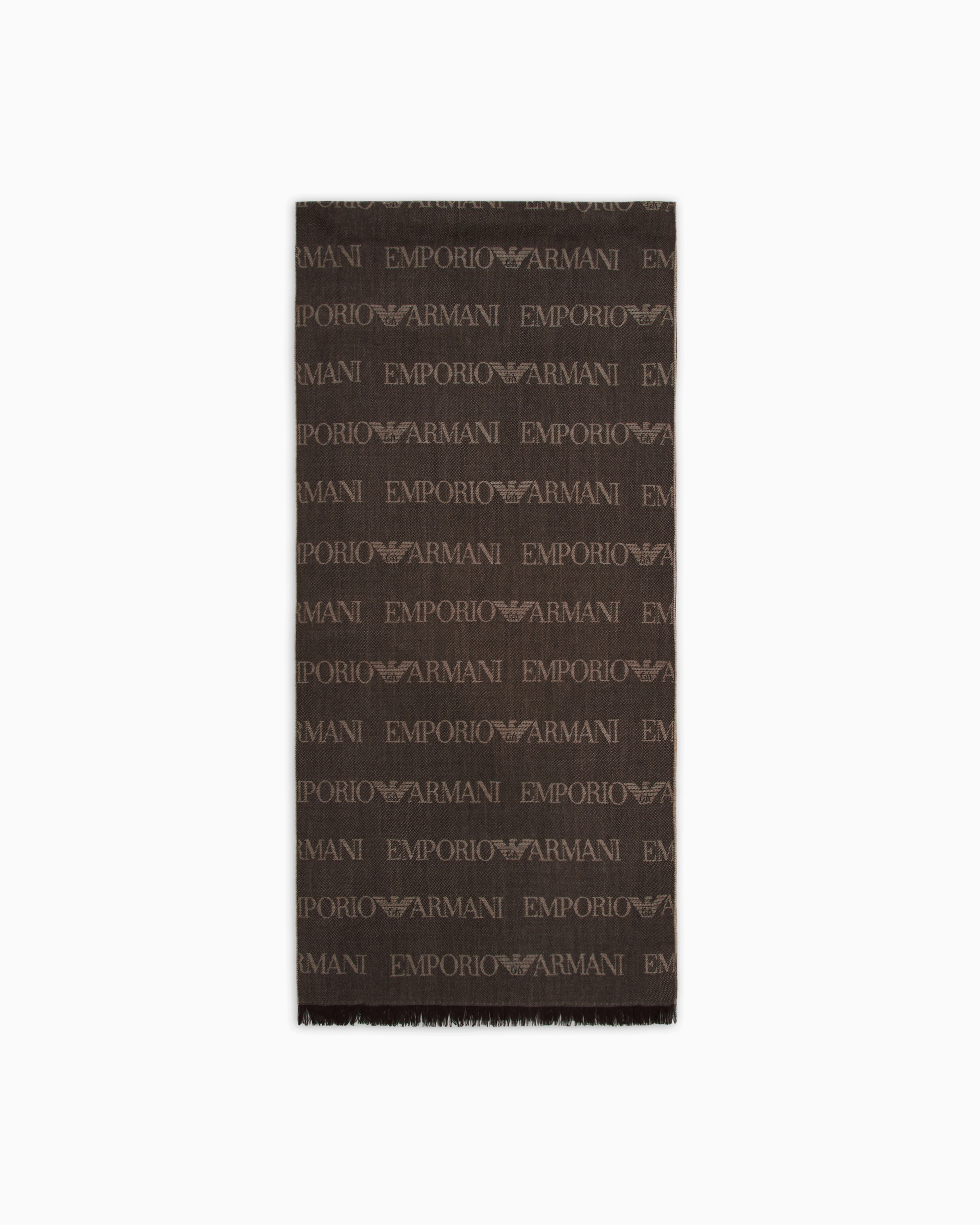 Emporio Armani Men's Brown Virgin-Wool Blend Scarf With Jacquard Logo Lettering And Fringes