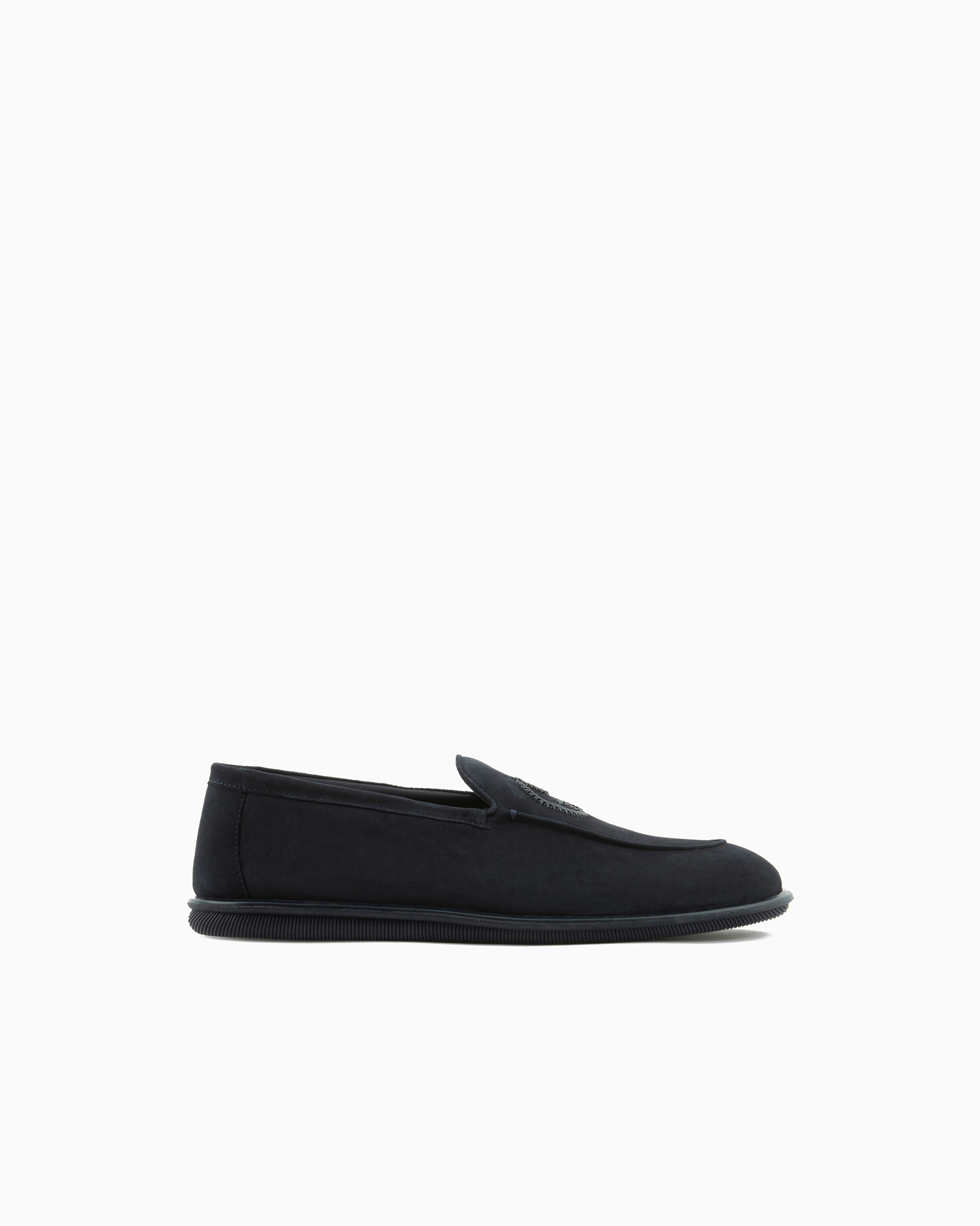 Giorgio Armani Navy Blue Loafers In Suede With Embroidered Logo