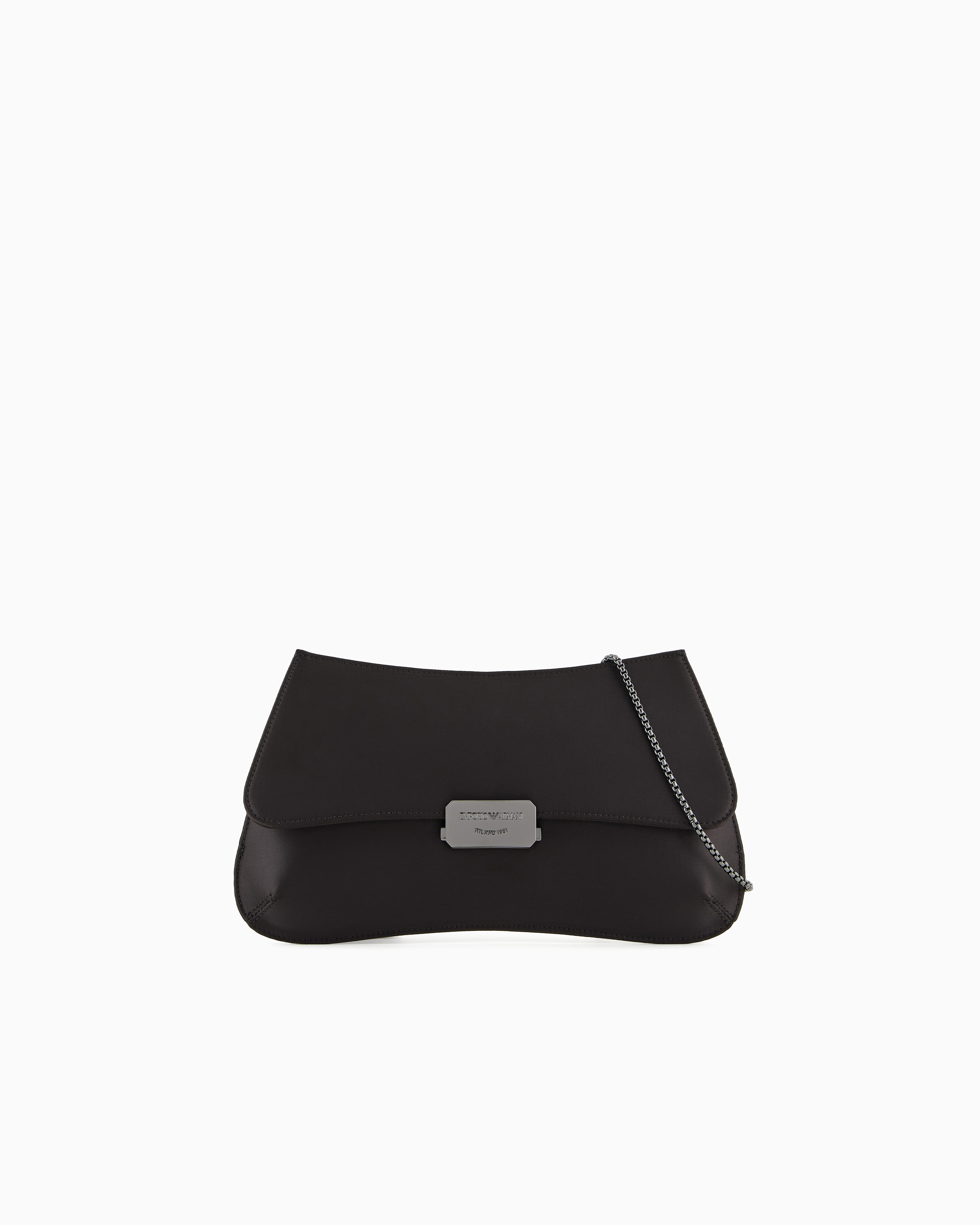 Emporio Armani Black Evening Clutch In Satin With Chain Strap And Flap Closure
