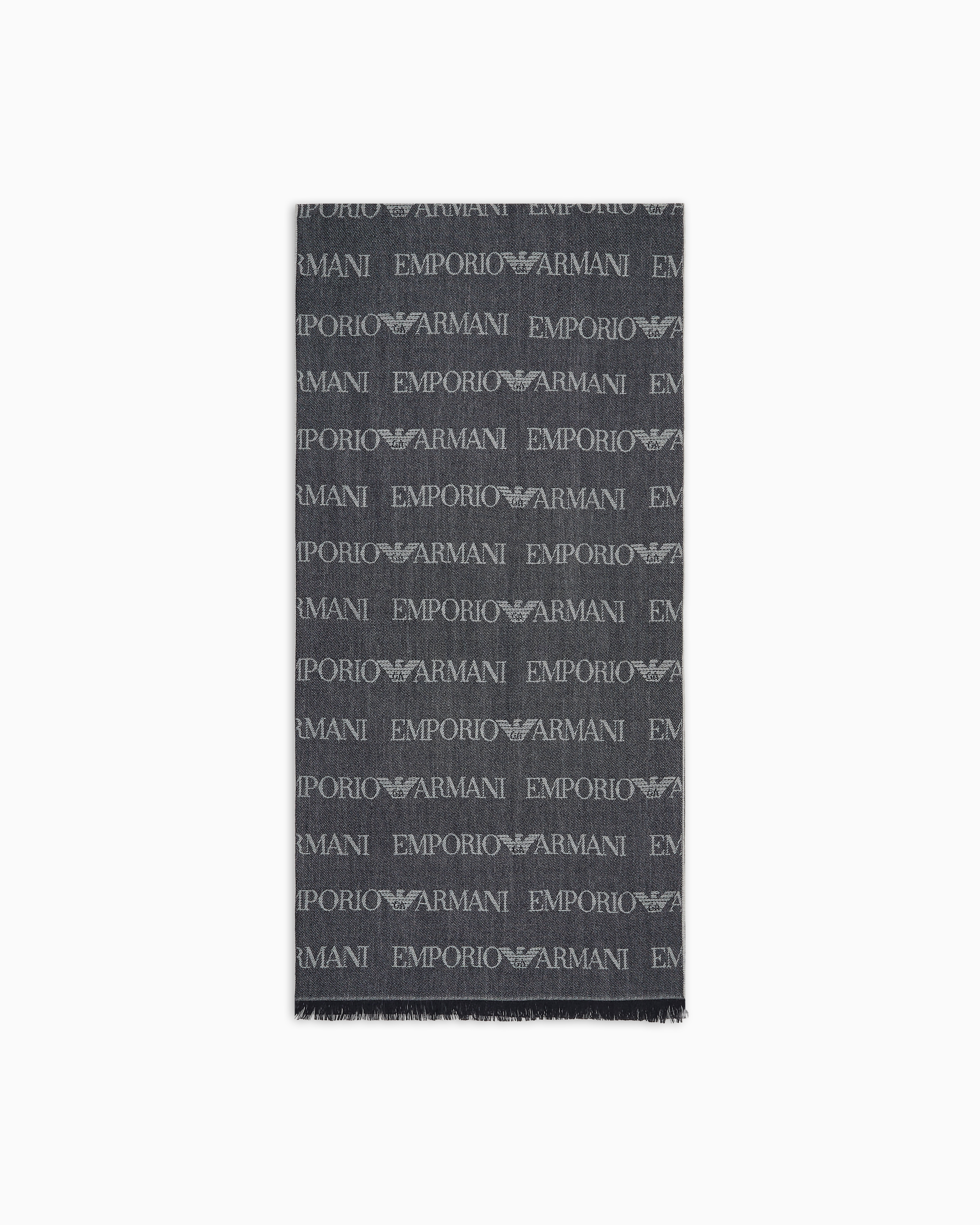 Emporio Armani Blue Virgin-Wool Blend Scarf With Jacquard Logo Lettering And Fringes