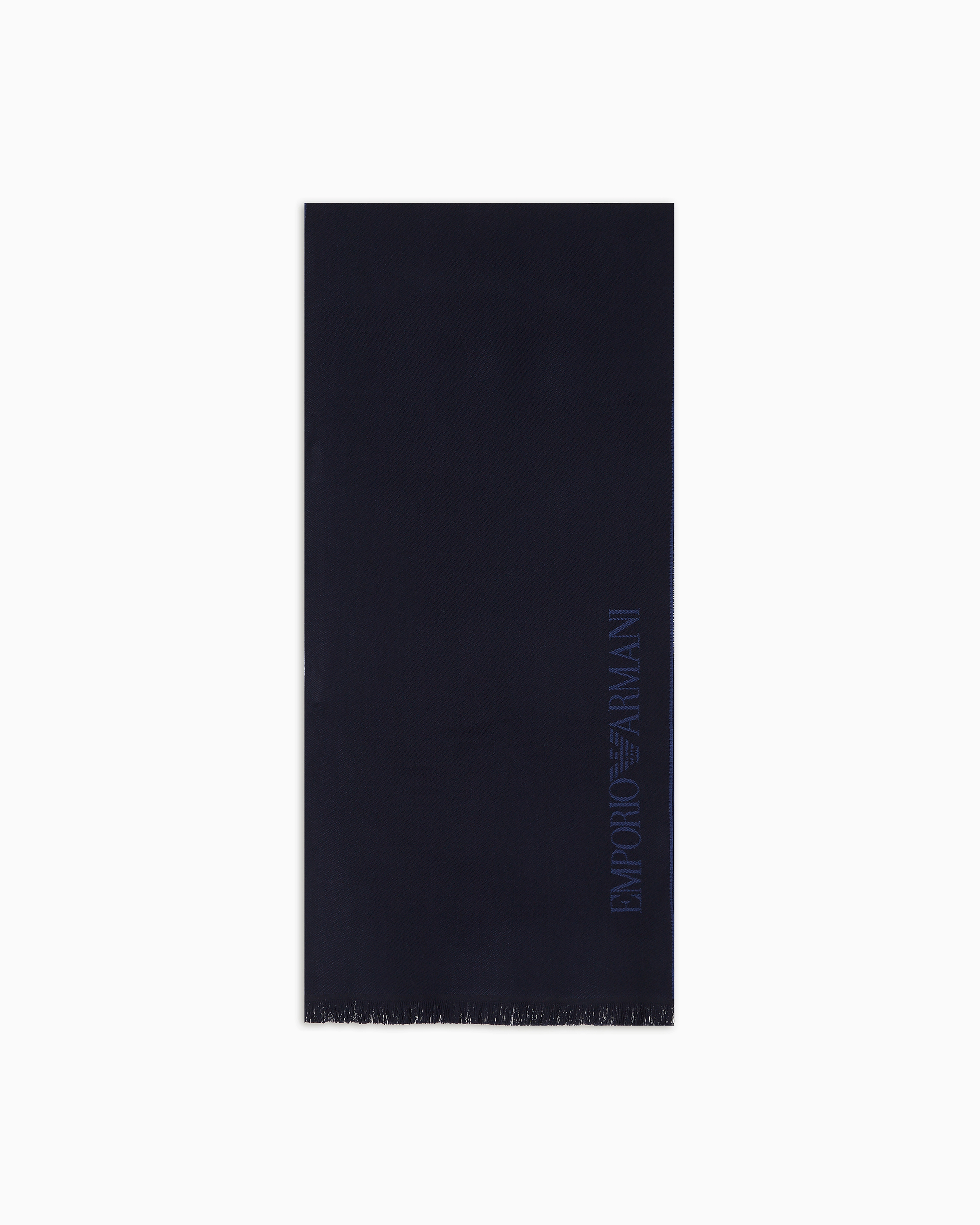 Emporio Armani Navy Blue Logo Scarf In Jacquard Wool With Fringes Essential