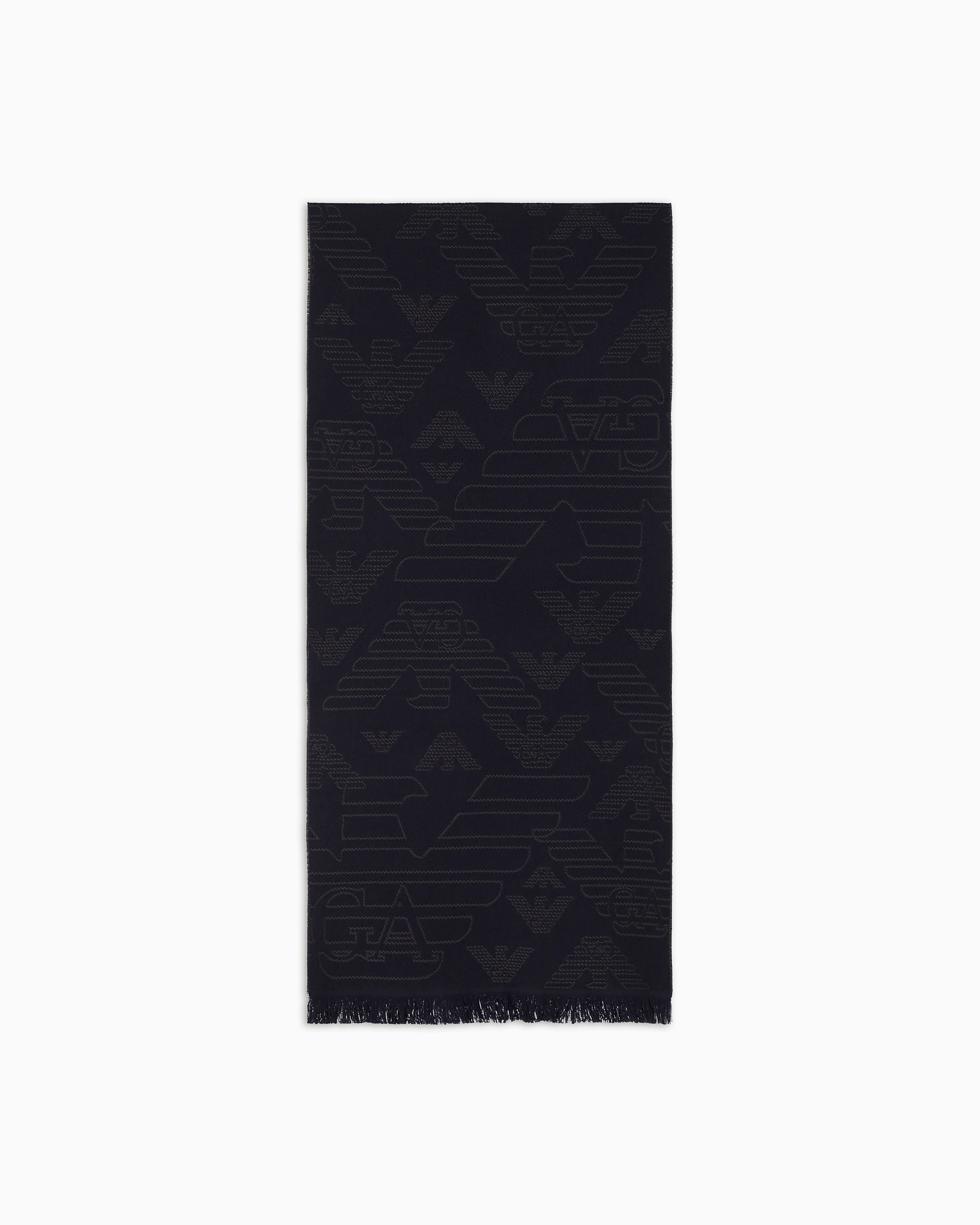 Emporio Armani Blue Jacquard Scarf In Wool With An Eagle And Fringes Essential