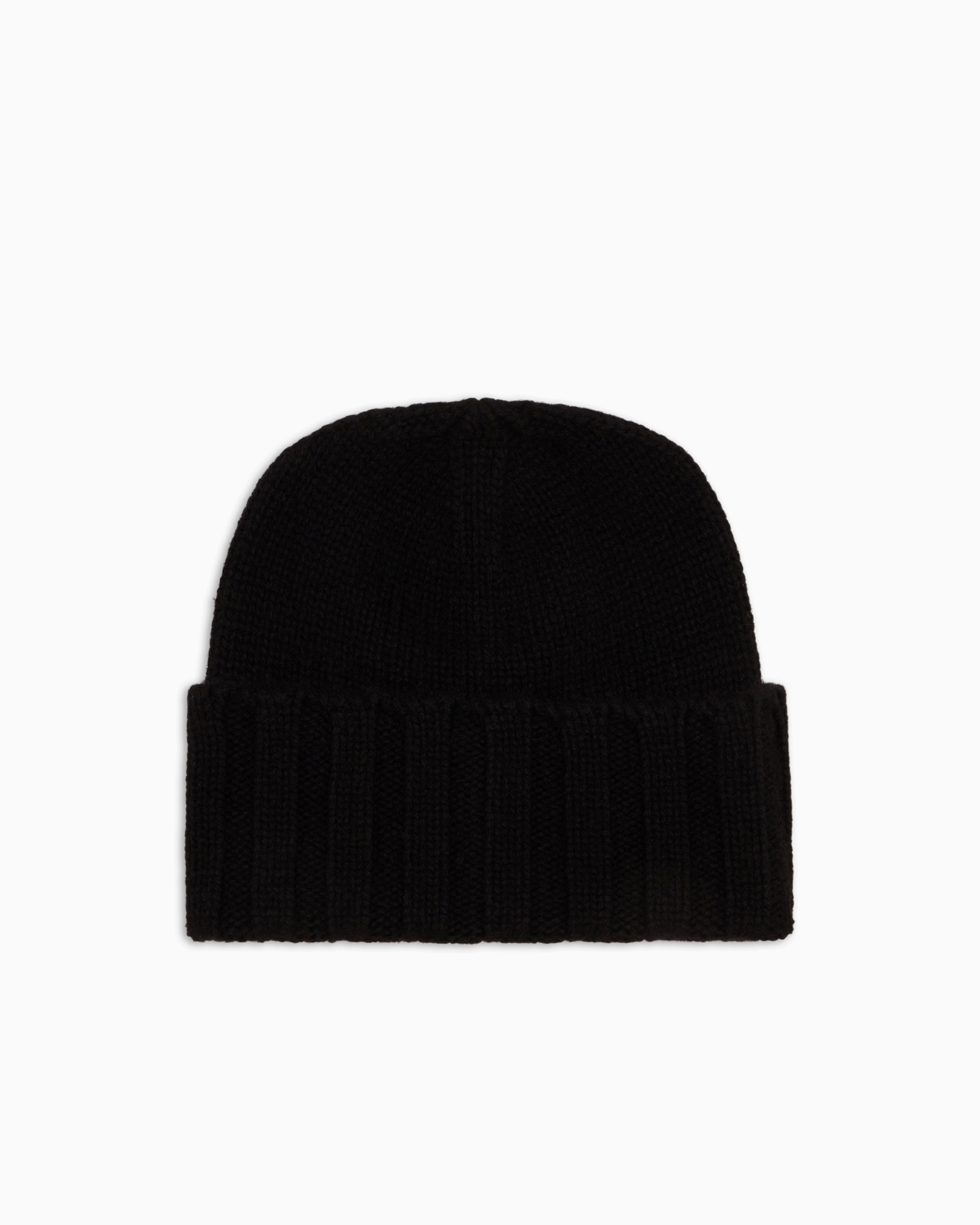 Emporio Armani Black Cashmere Beanie With Ribbed Texture And Cuff Essential