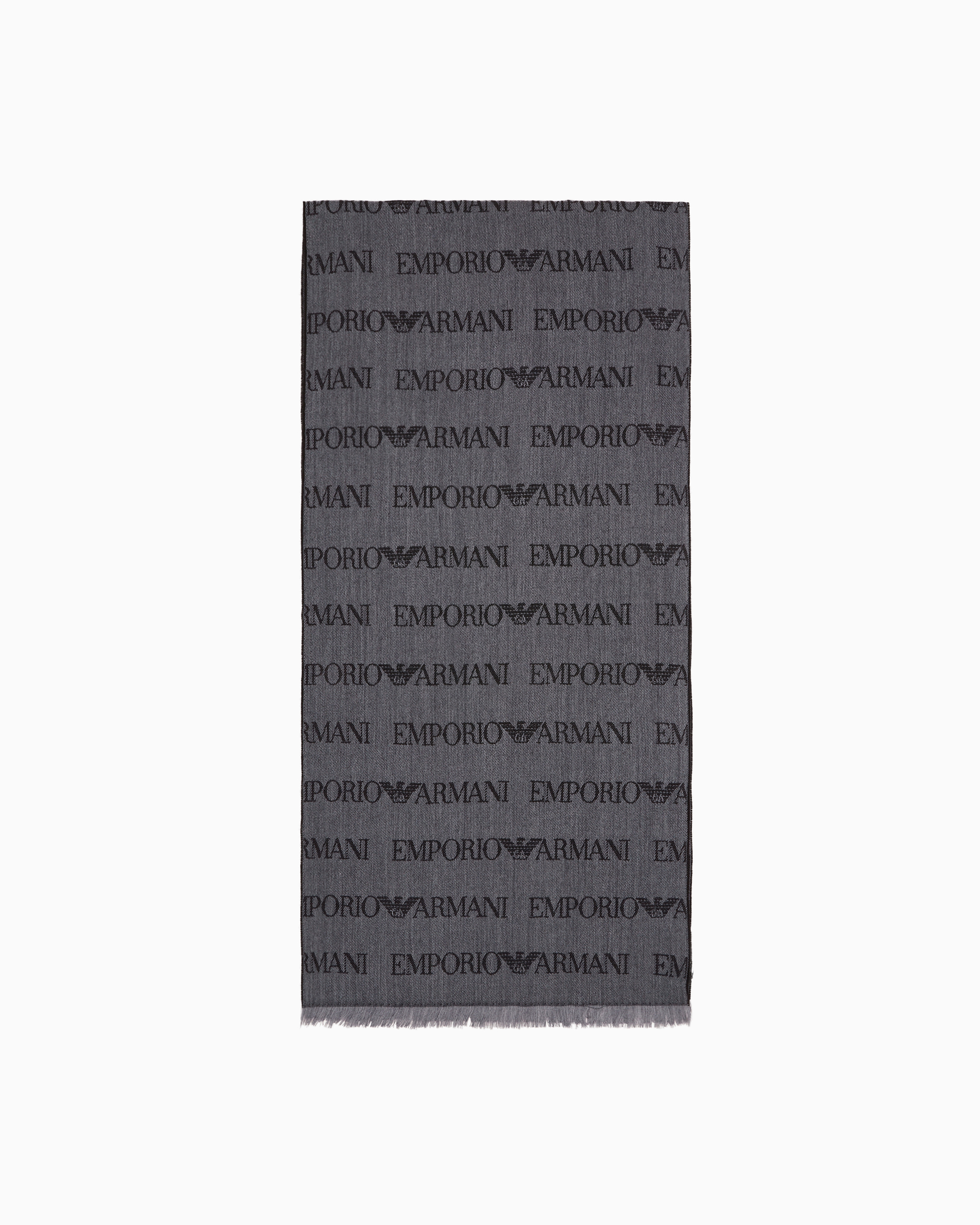 Emporio Armani Grey Virgin-Wool Blend Scarf With Jacquard Logo Lettering And Fringes