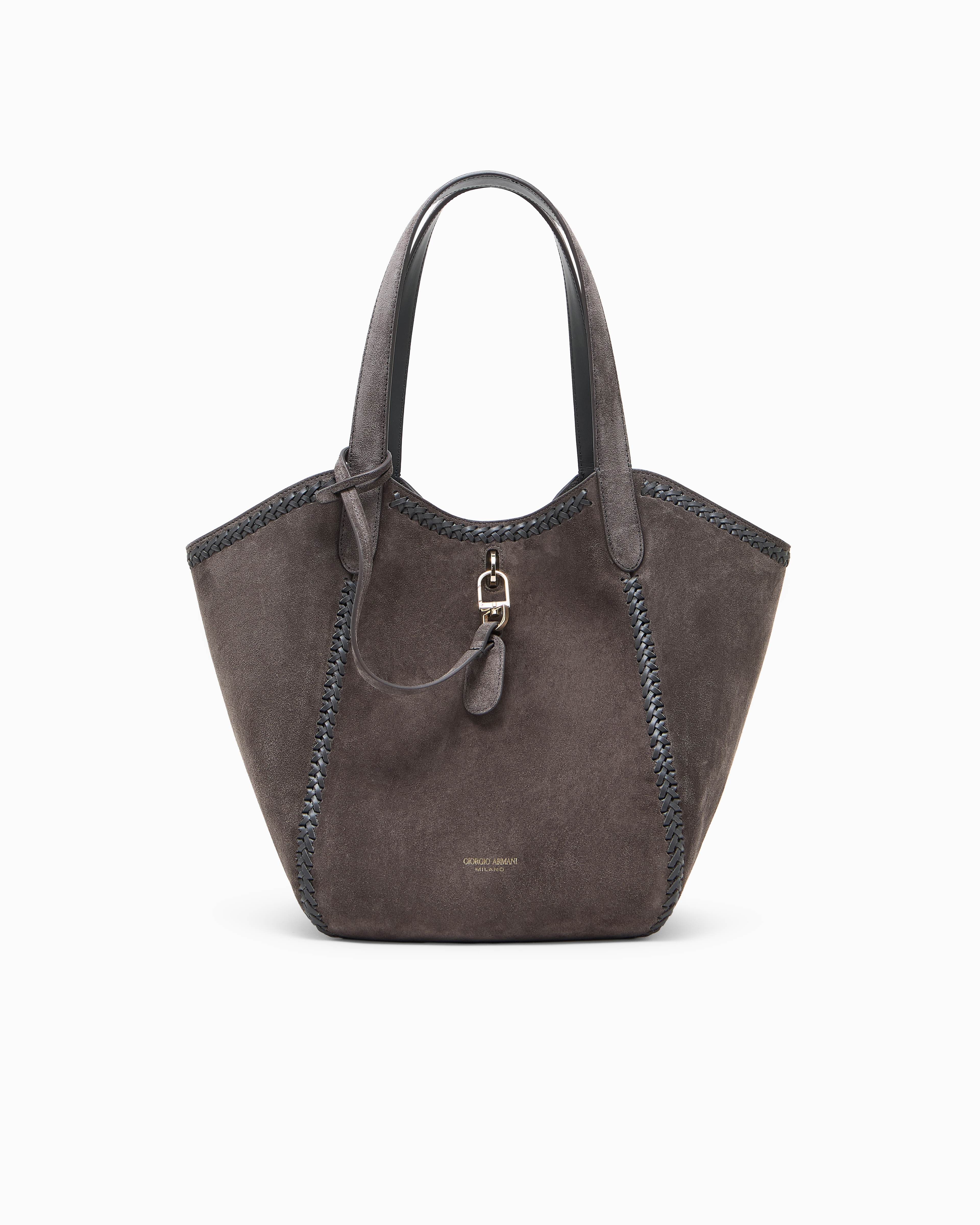 Giorgio Armani Grey Medium Suede Handbag With Threading