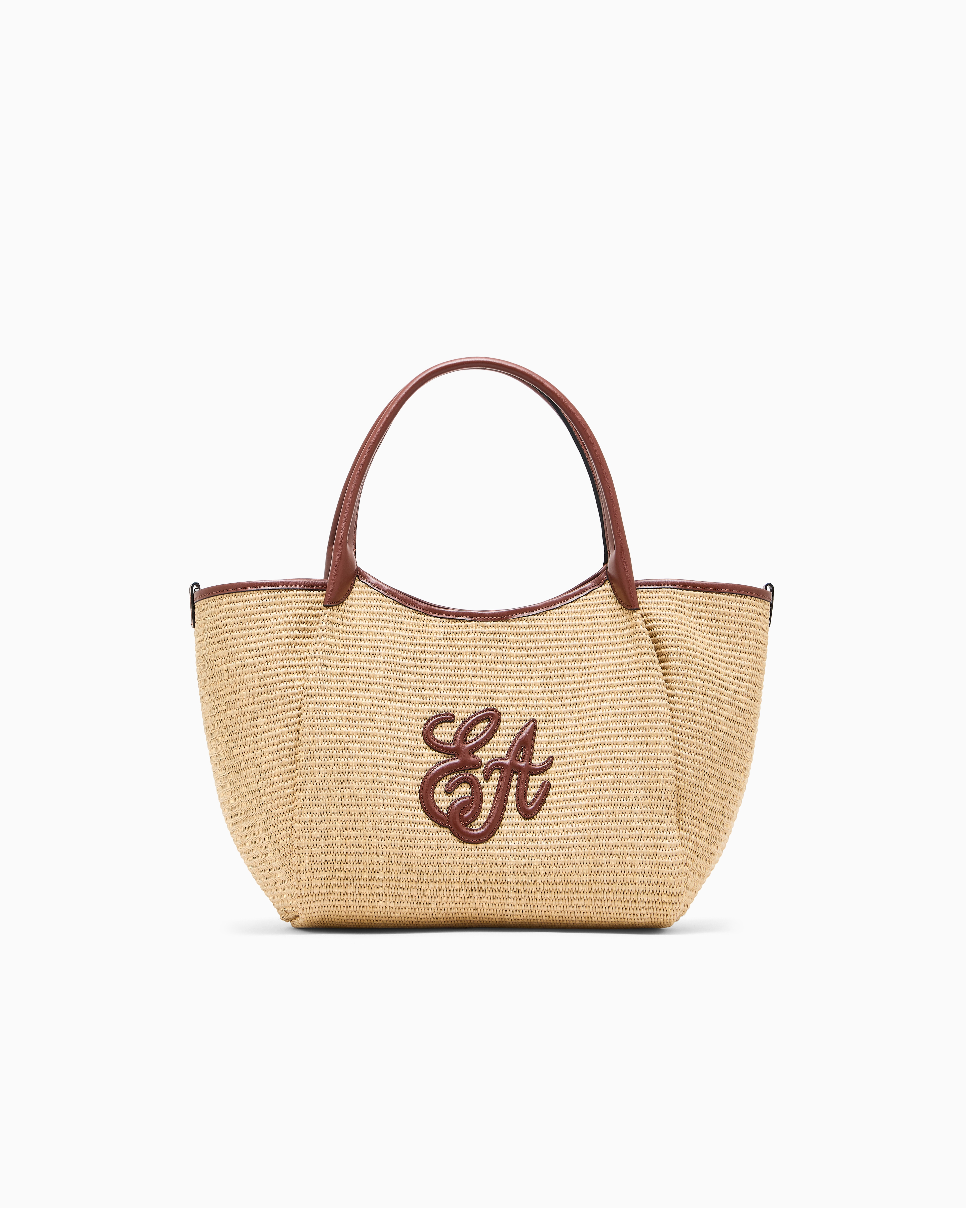 Emporio Armani Beige Woven Straw Medium Shopper Bag With Ea Logo