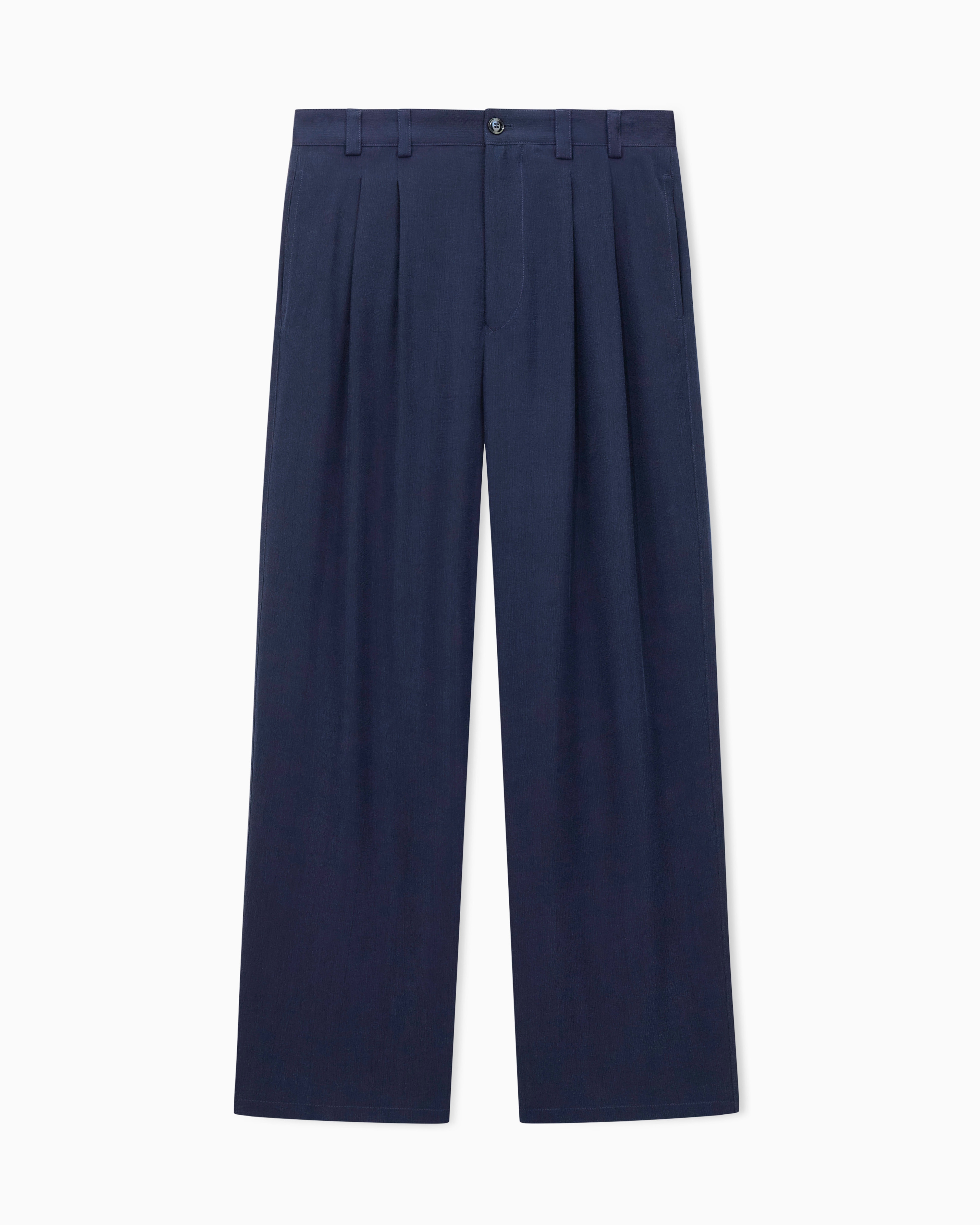 Giorgio Armani Navy Blue Cupro Basketweave Double-Pleat Trousers