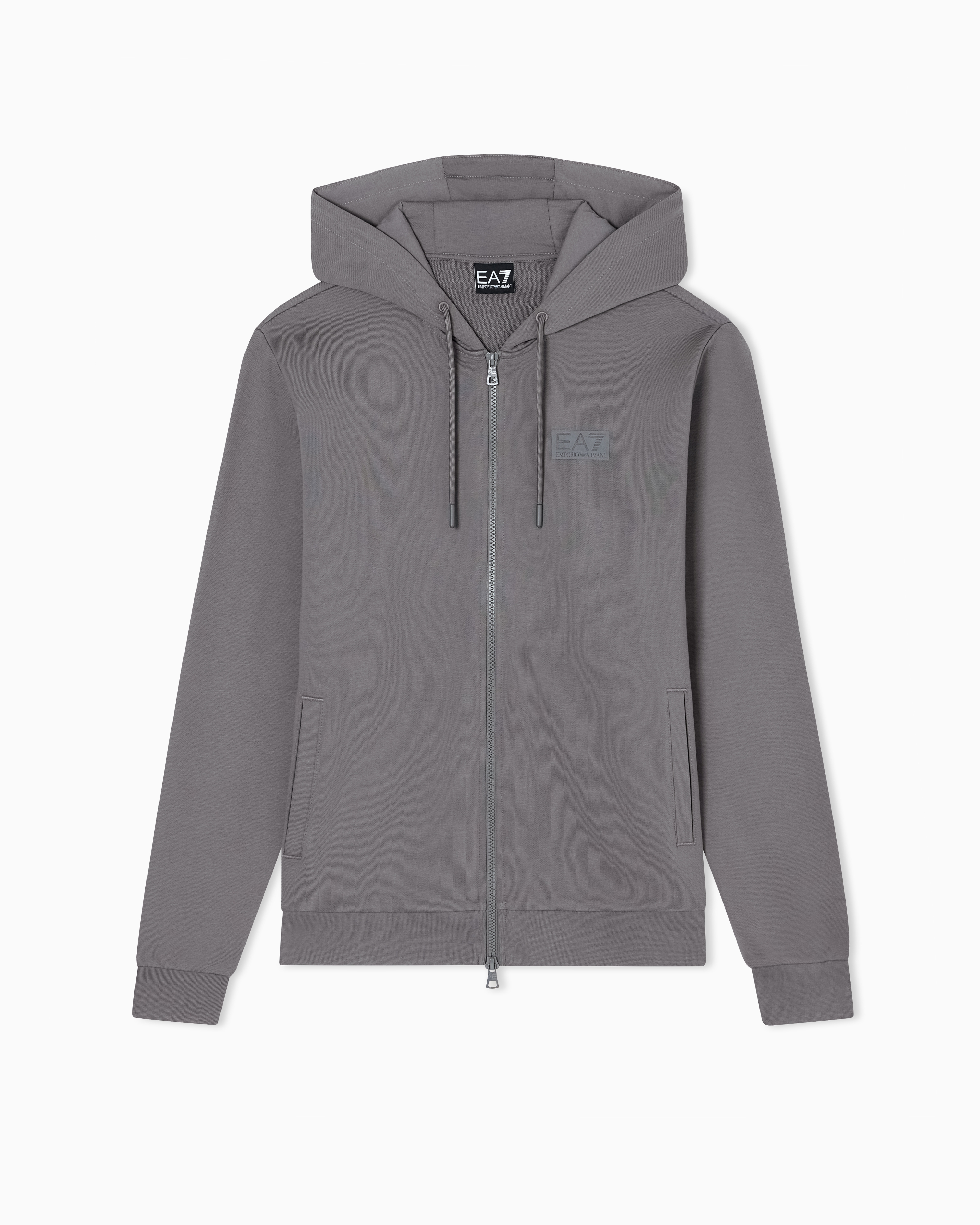 Ea7 Grey Logo Series Cotton Hooded, Zip-Up Sweatshirt