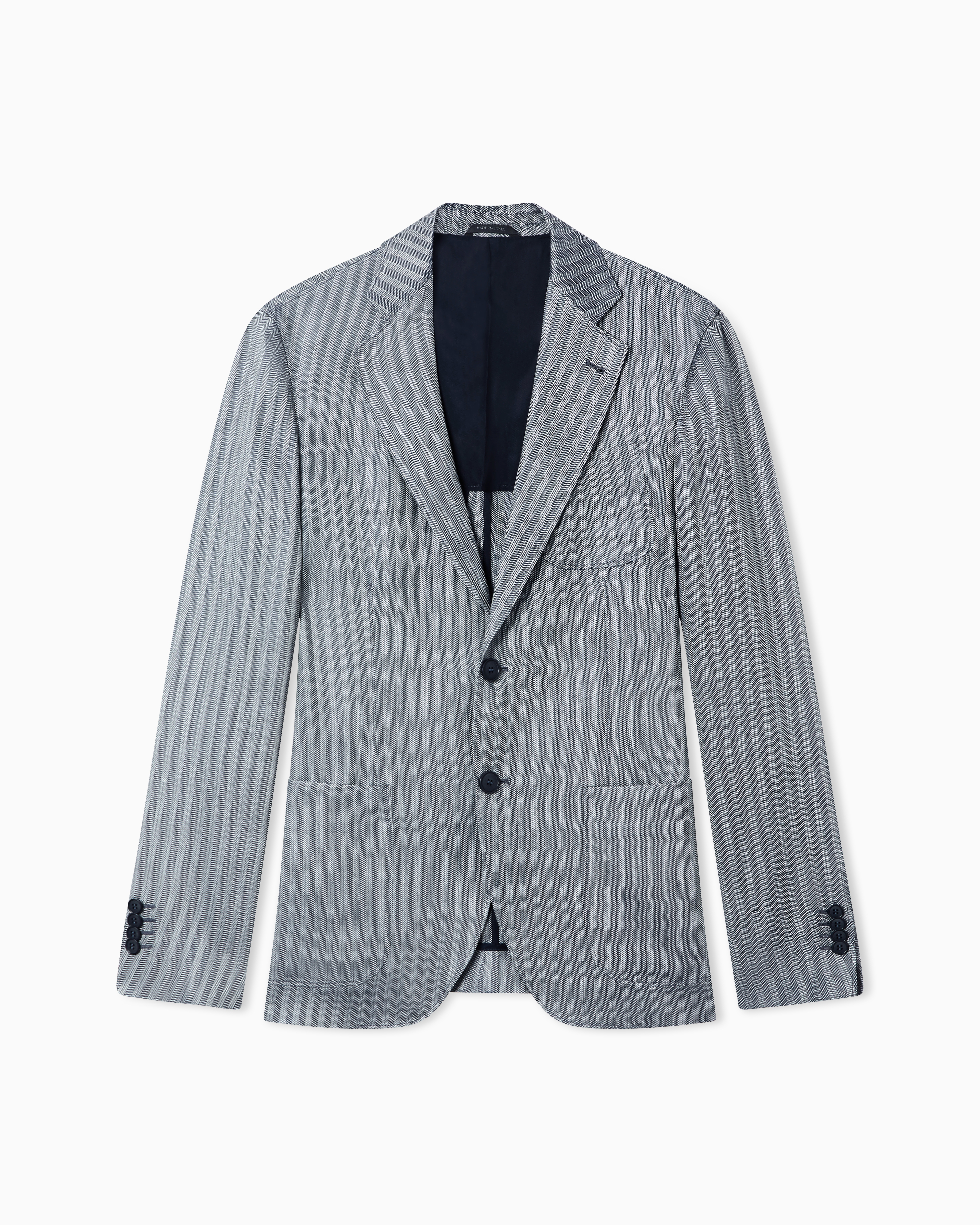 Giorgio Armani Blue Upton Line Single-Breasted Jacket In Chevron Viscose, Silk And Linen