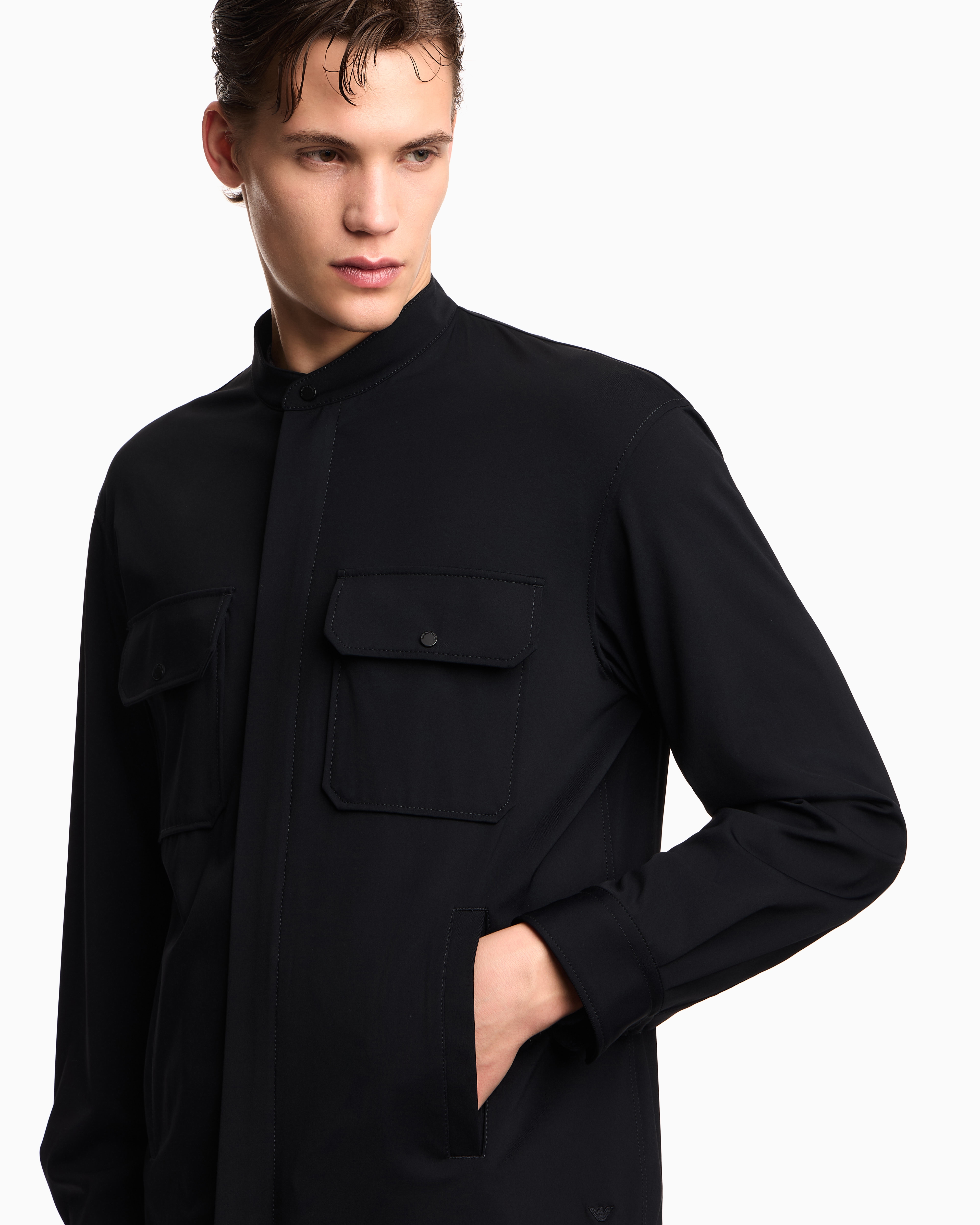 Guru-collar shirt with concealed zip in stretch nylon | Emporio Armani