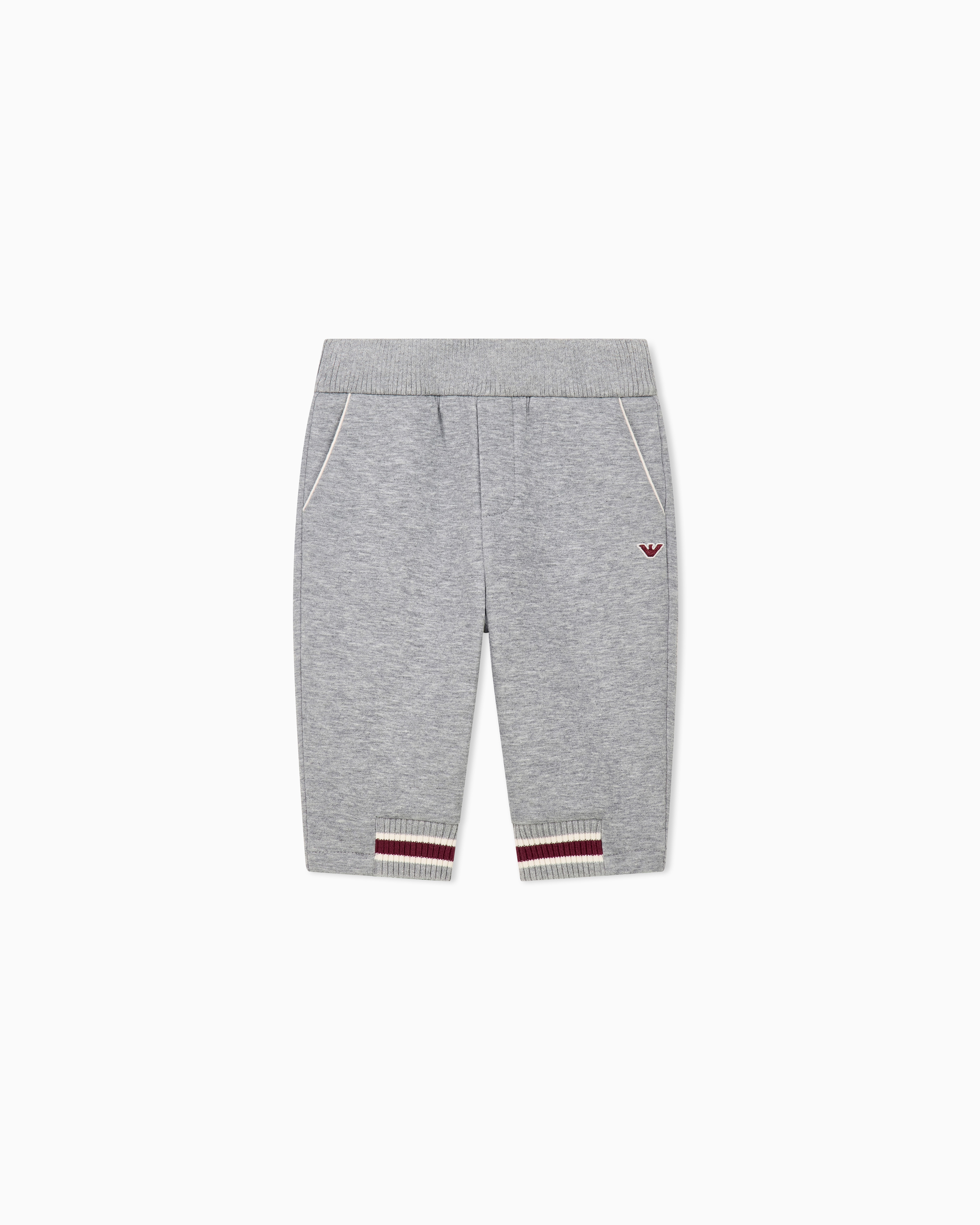Emporio Armani Grey Cotton Double Jersey Sweatpants With Striped Ribbed Cuffs