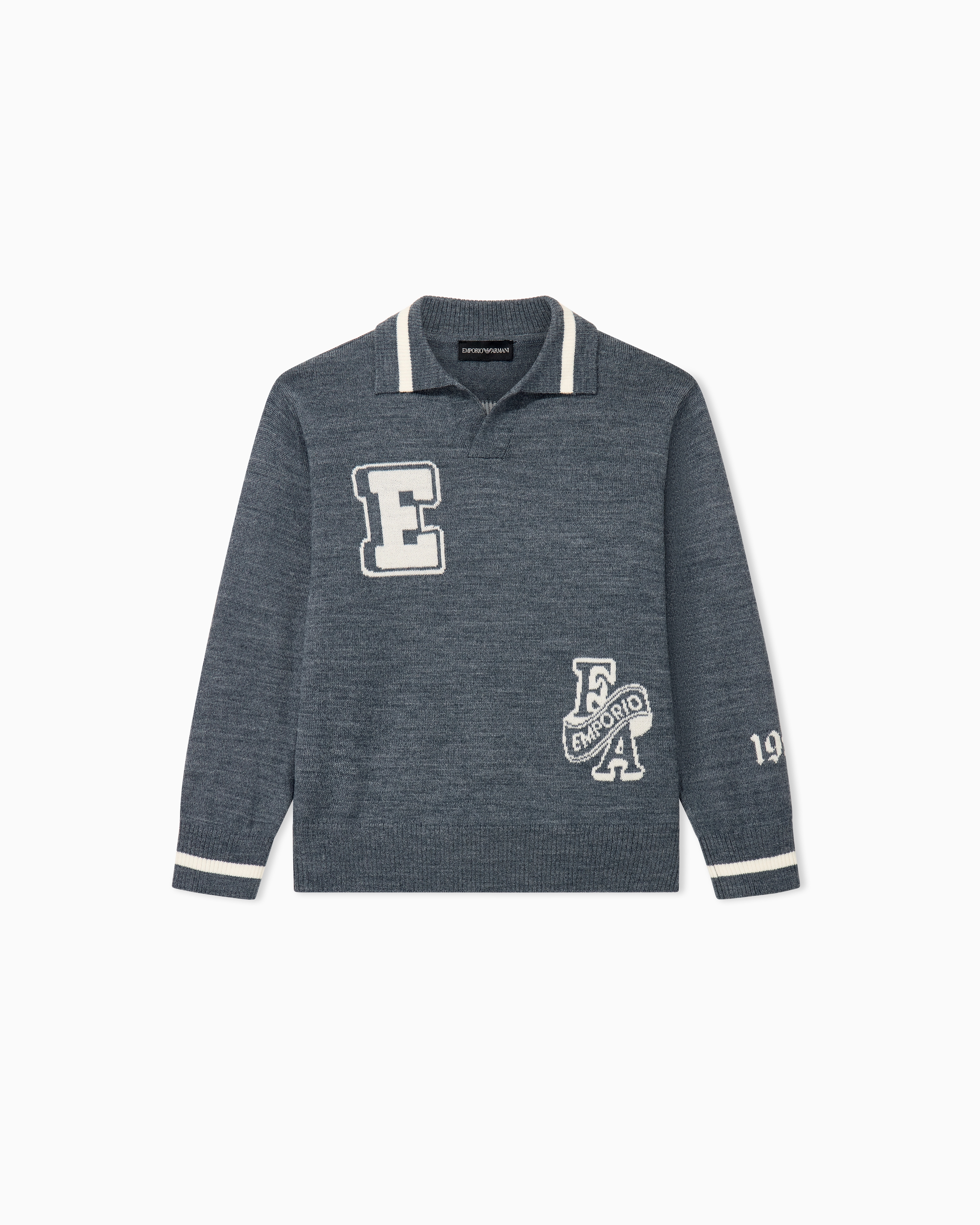 Emporio Armani Grey Textured Knit Polo Sweater With Patches And Striped Trims
