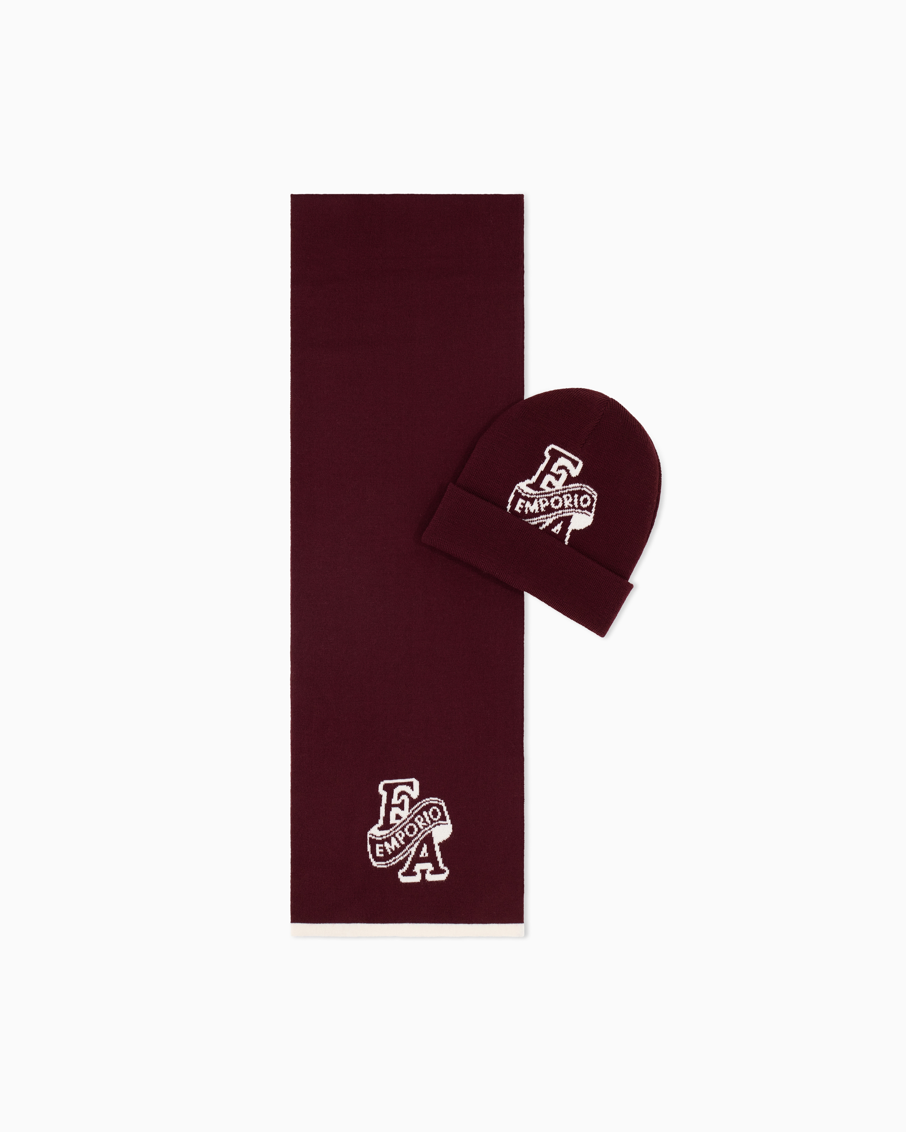 Emporio Armani Burgundy Knitwear Set With Virgin Wool Logo Beanie And Scarf