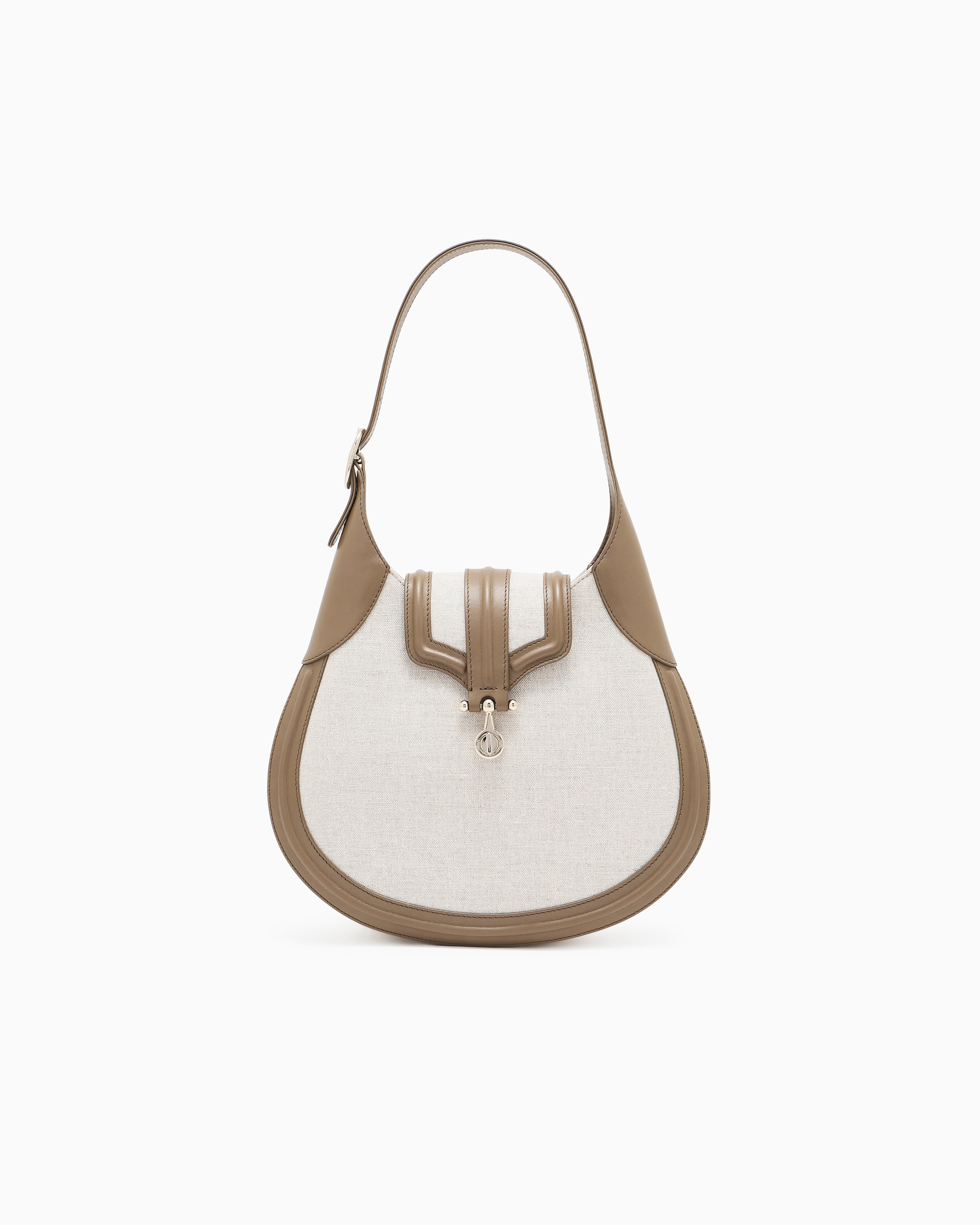 Giorgio Armani Beige Small Hobo Bag In Canvas And Smooth Leather