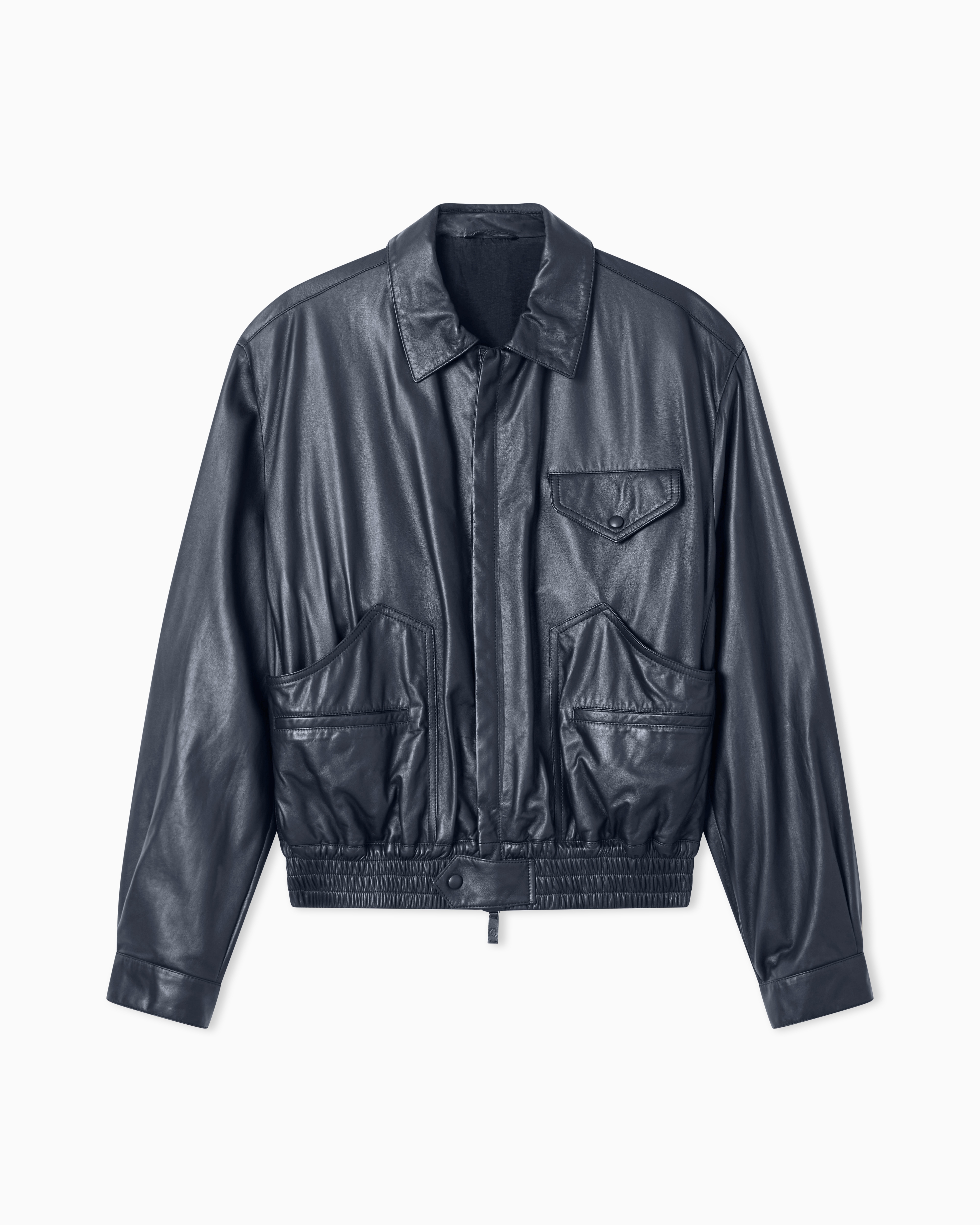 Giorgio Armani Navy Blue Bomber Jacket In Nappa Lambskin