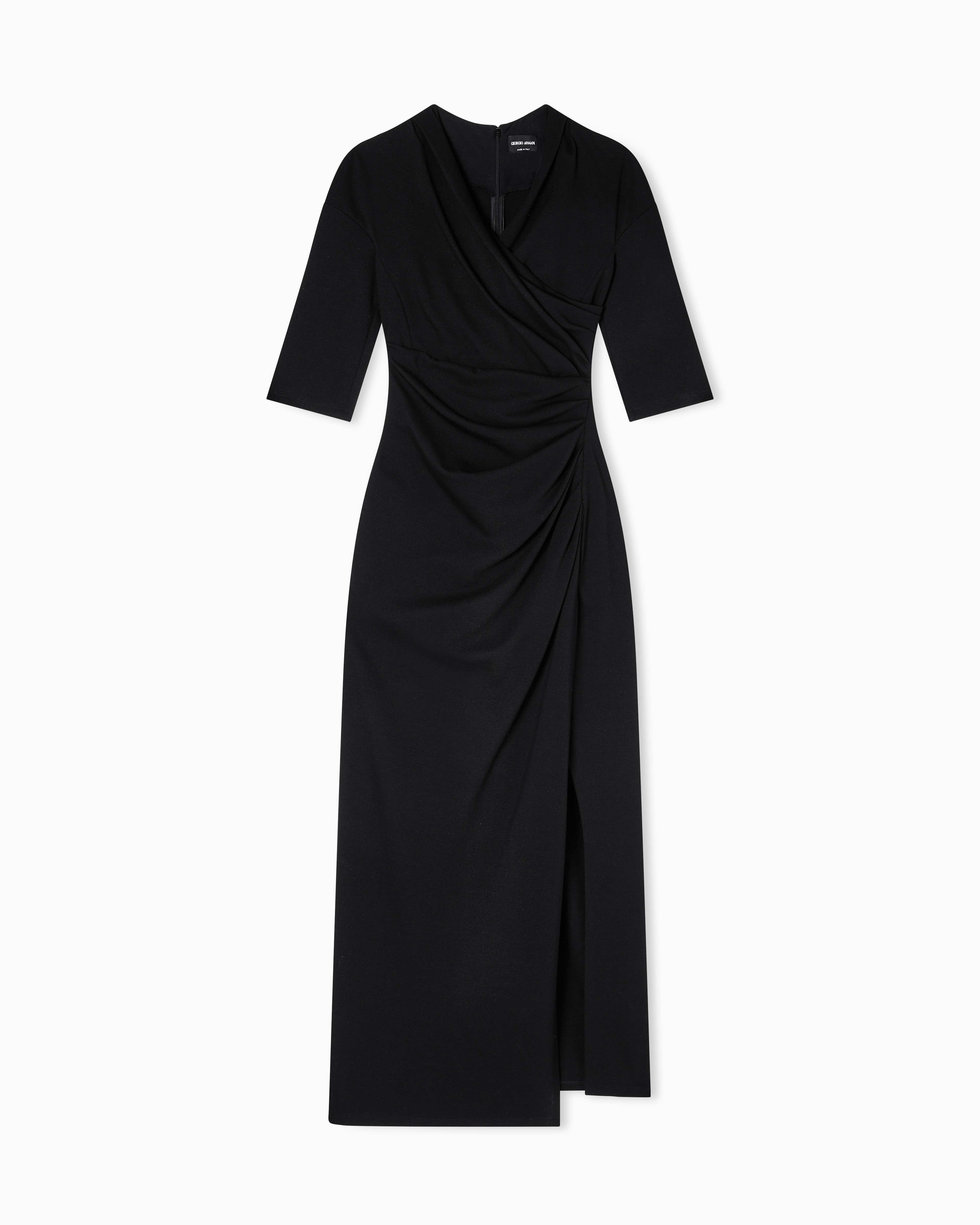 Giorgio Armani Elbow-sleeve Draped Crepe Slit Midi Dress In Black