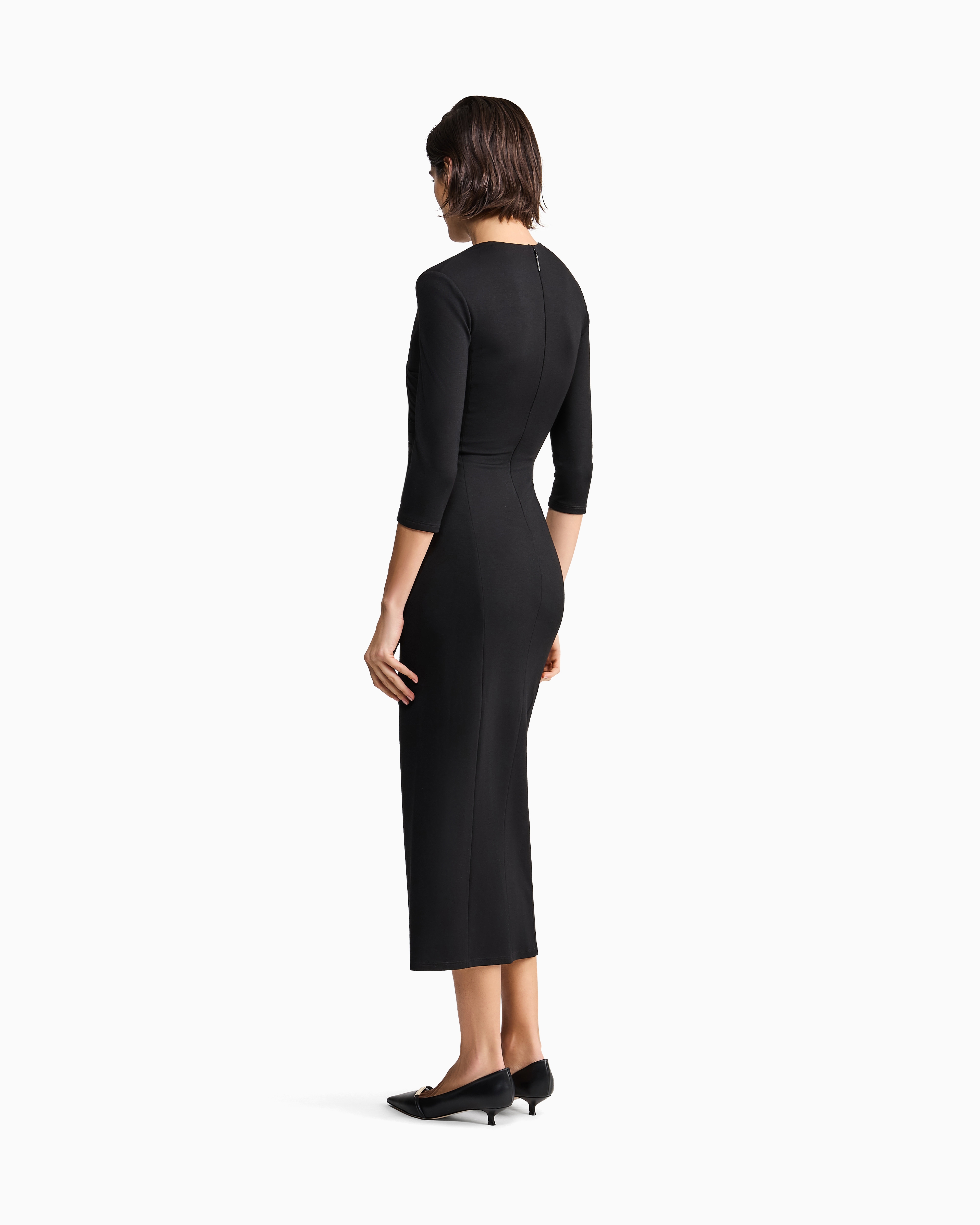 Giorgio Armani Elbow-sleeve Draped Crepe Slit Midi Dress In Black