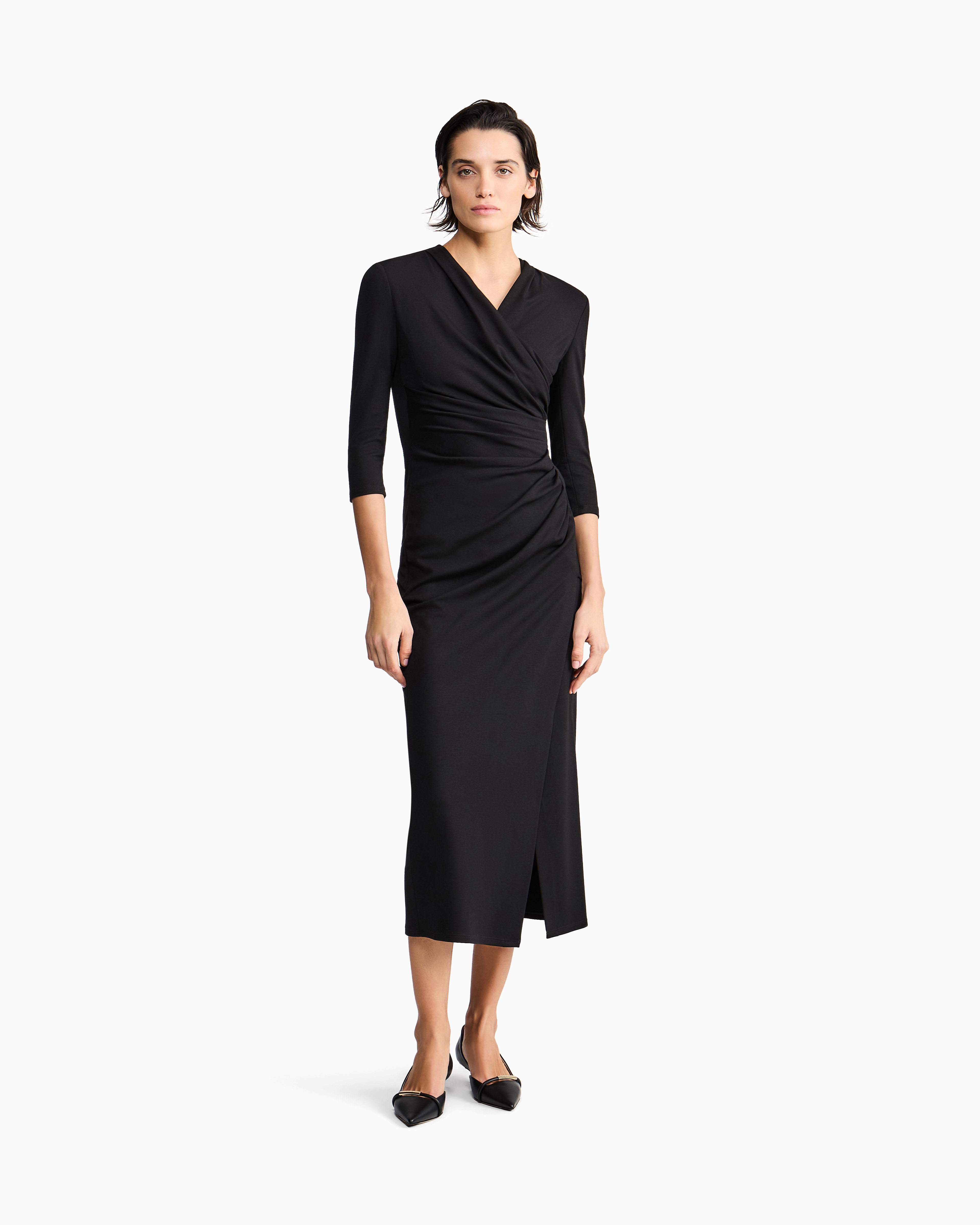 Giorgio Armani Elbow-sleeve Draped Crepe Slit Midi Dress In Black
