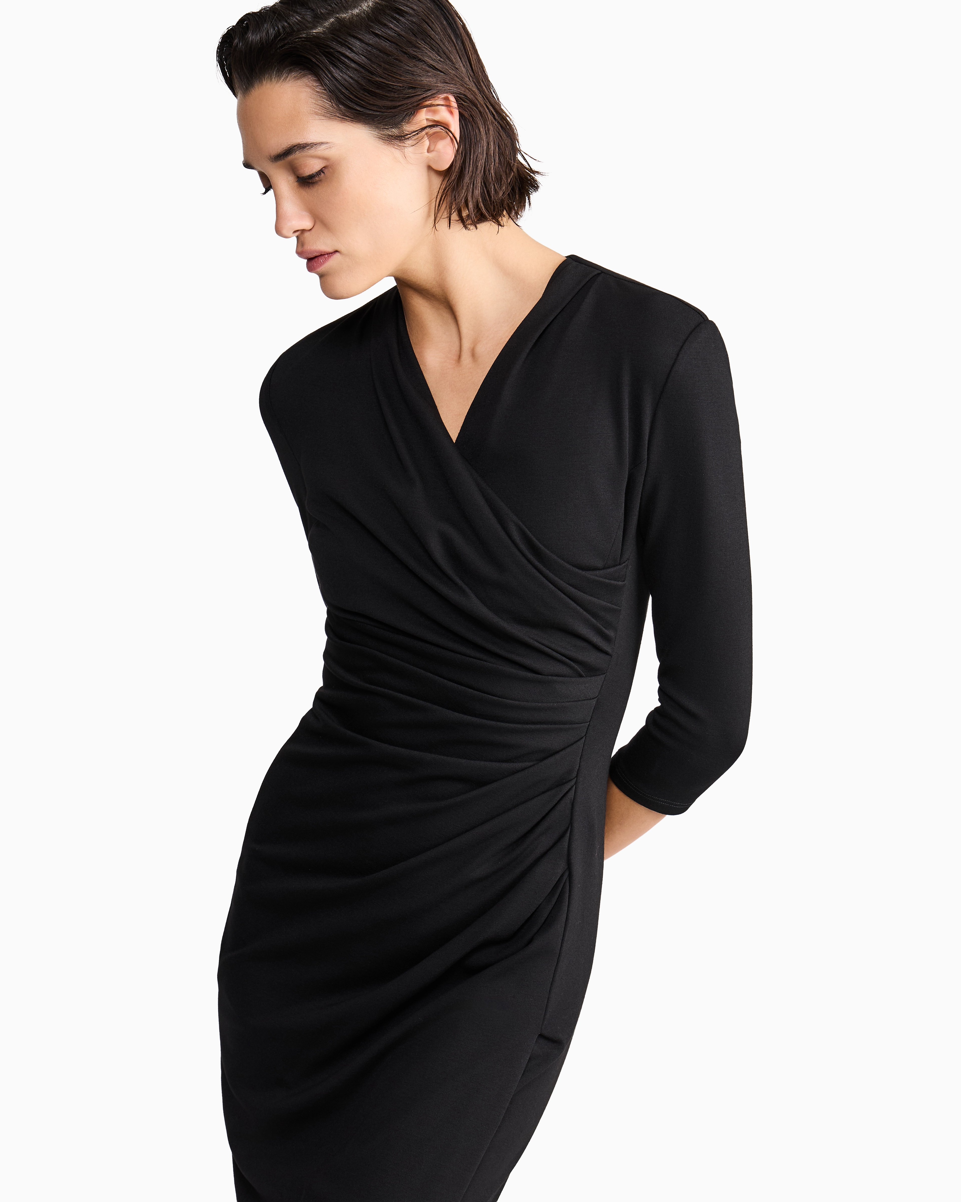 Giorgio Armani Elbow-sleeve Draped Crepe Slit Midi Dress In Black