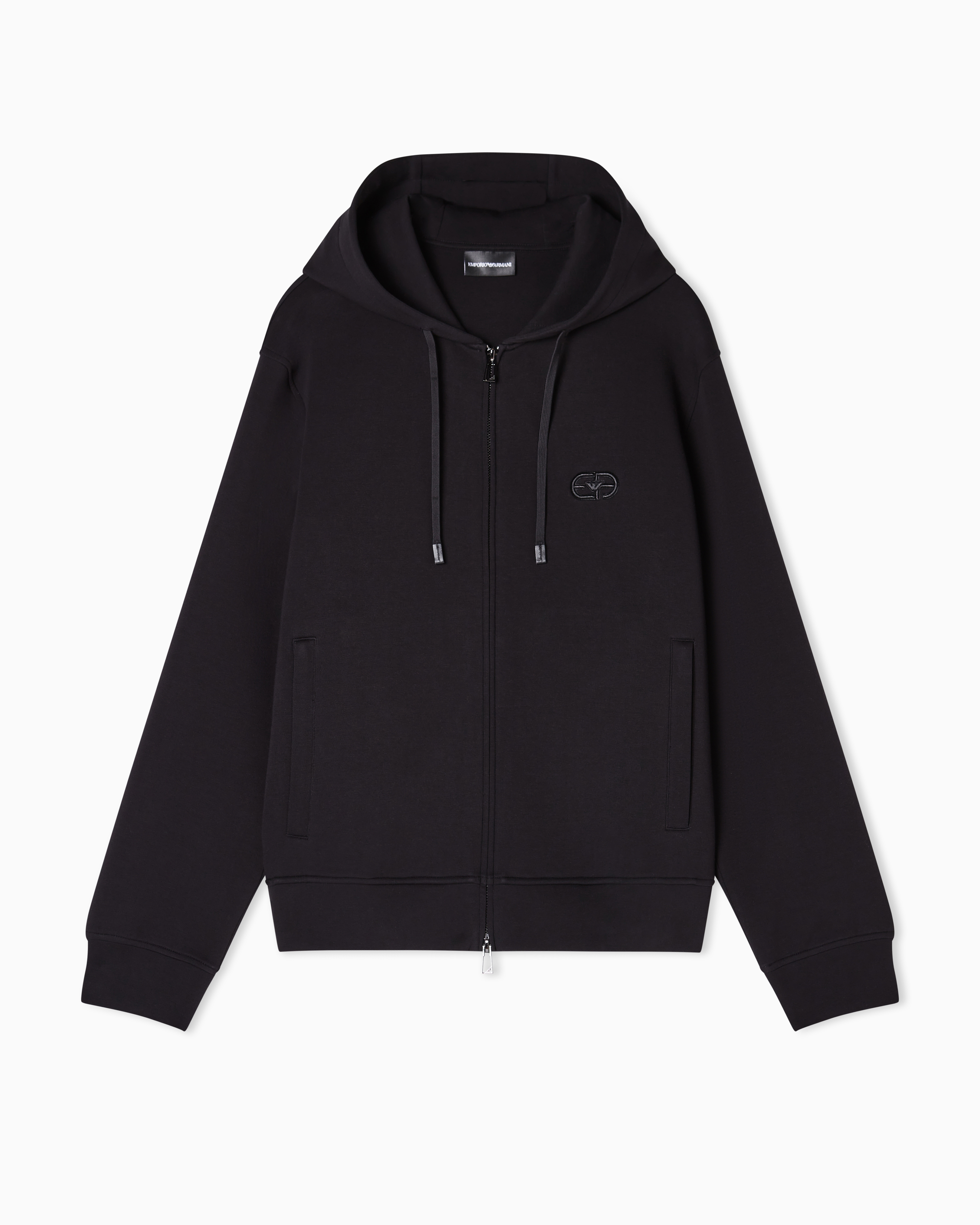 Emporio Armani Black Double Jersey Zip-Up Hooded Sweatshirt With Ea Logo Embroidery