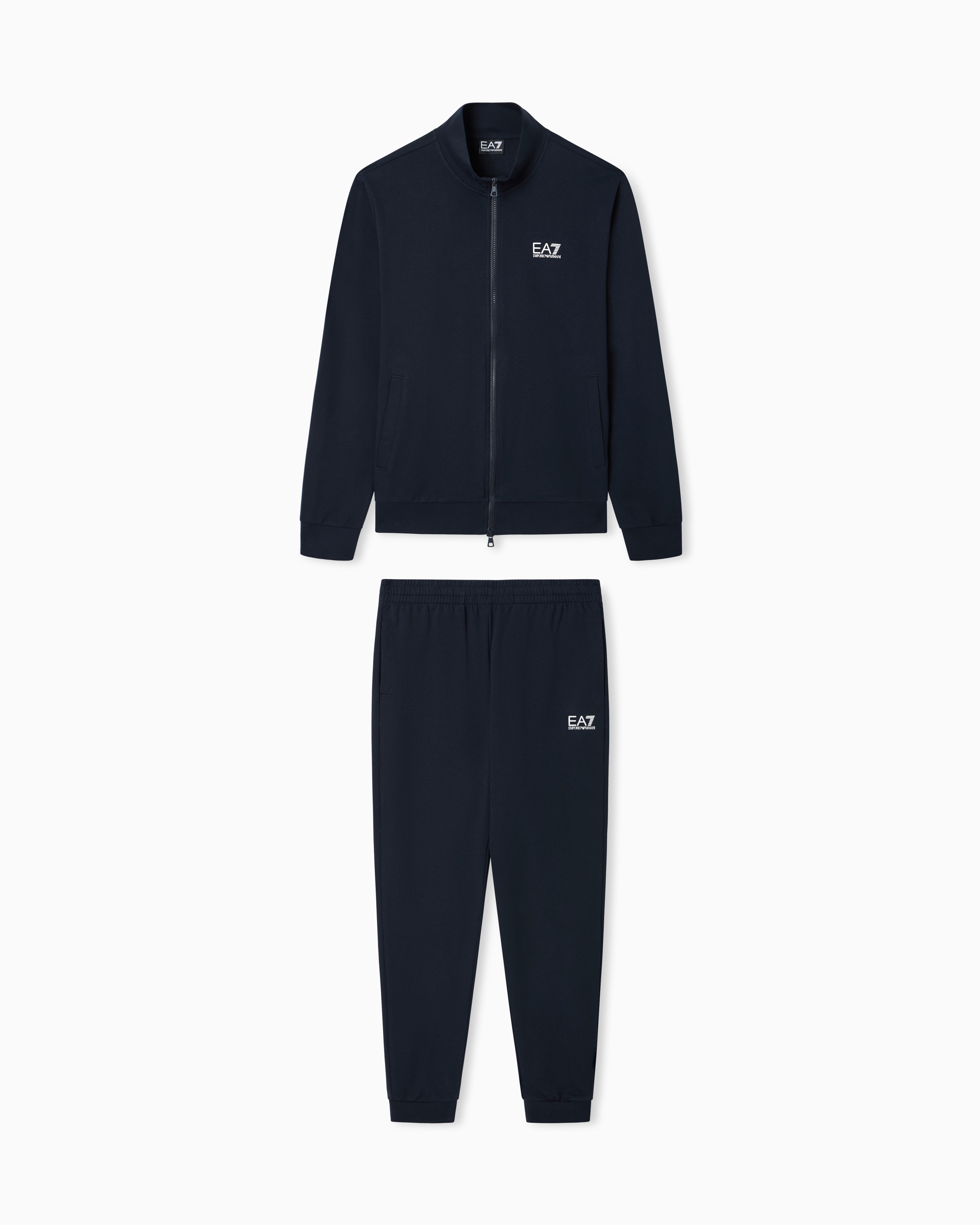 Ea7 Men's Blue Cotton Suit With Zip And Stand Collar Core Identity