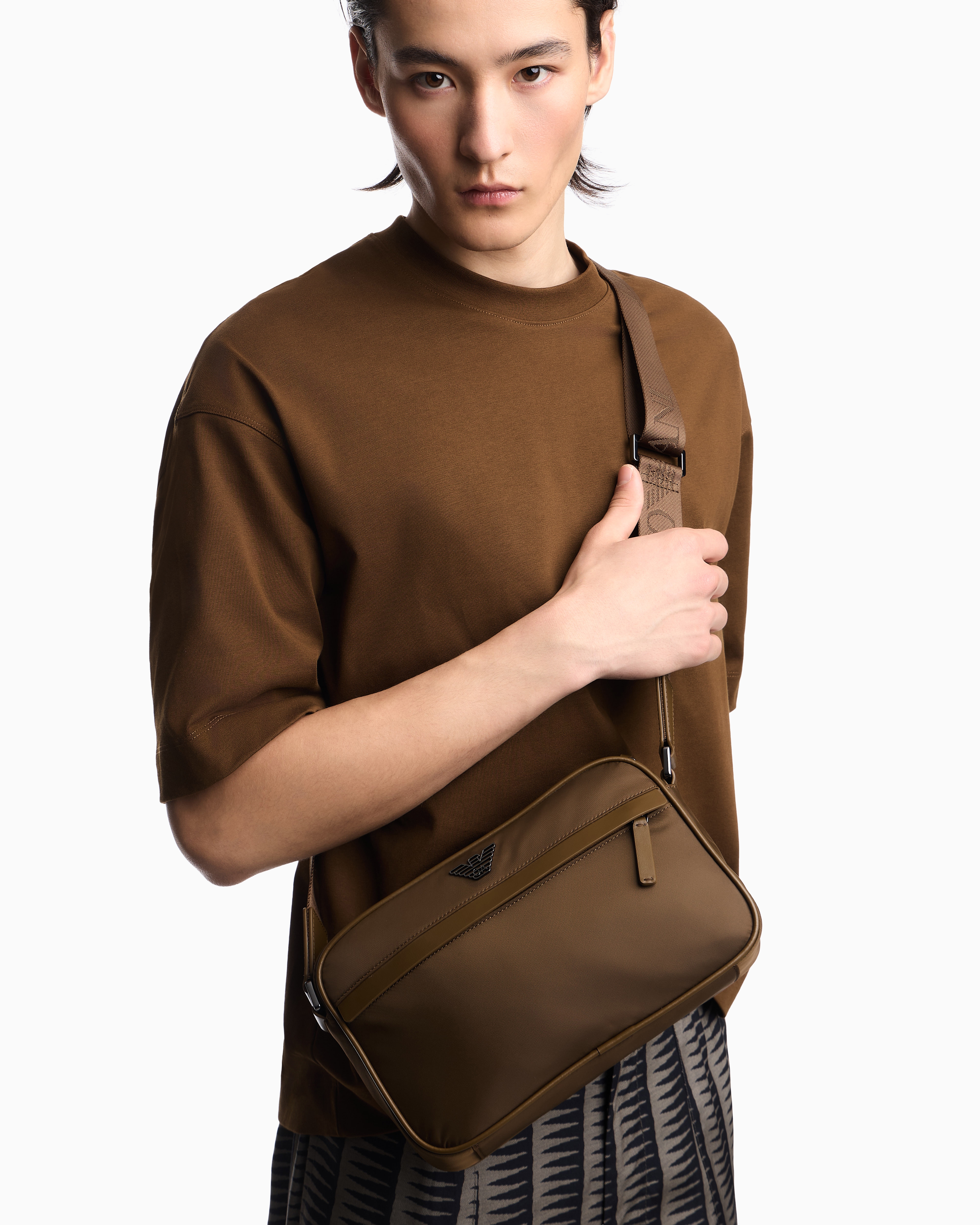 Shoulder bag in recycled nylon with an outer zip pocket | Emporio