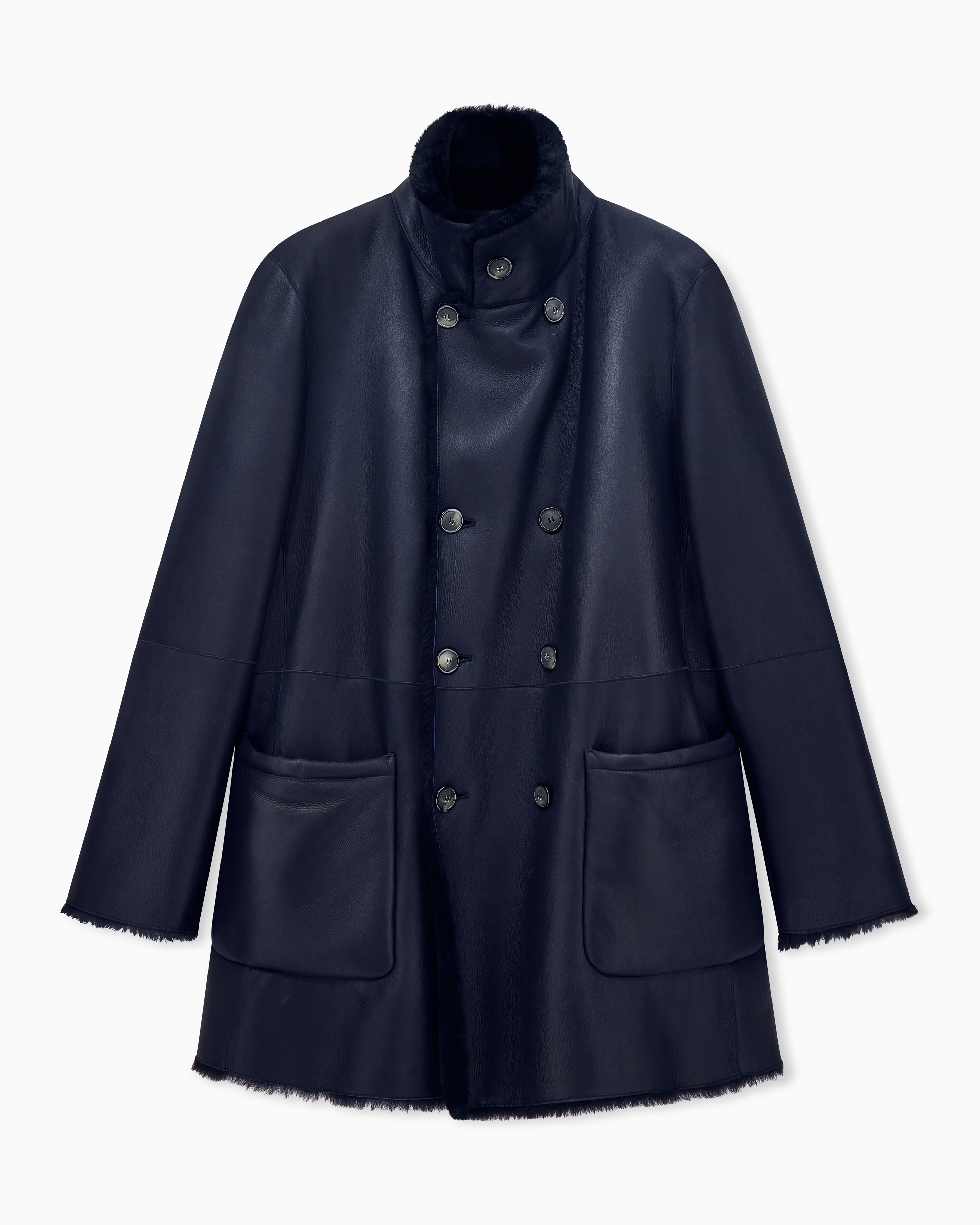 Giorgio Armani Navy Blue Reversible, Double-Breasted Sheepskin Pea Coat