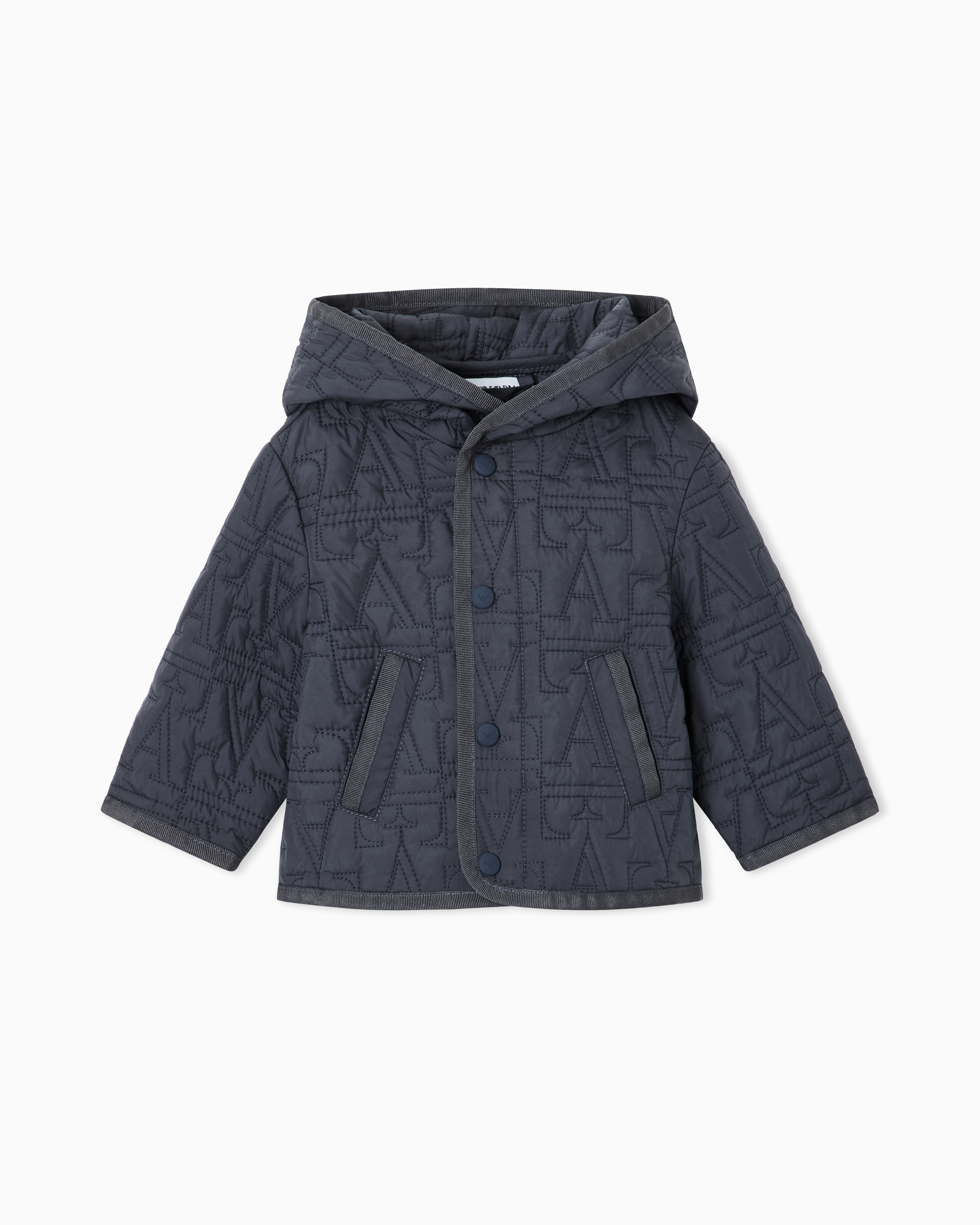 Emporio Armani Blue Quilted Blouson Jacket With A Hood And An Embossed Pattern