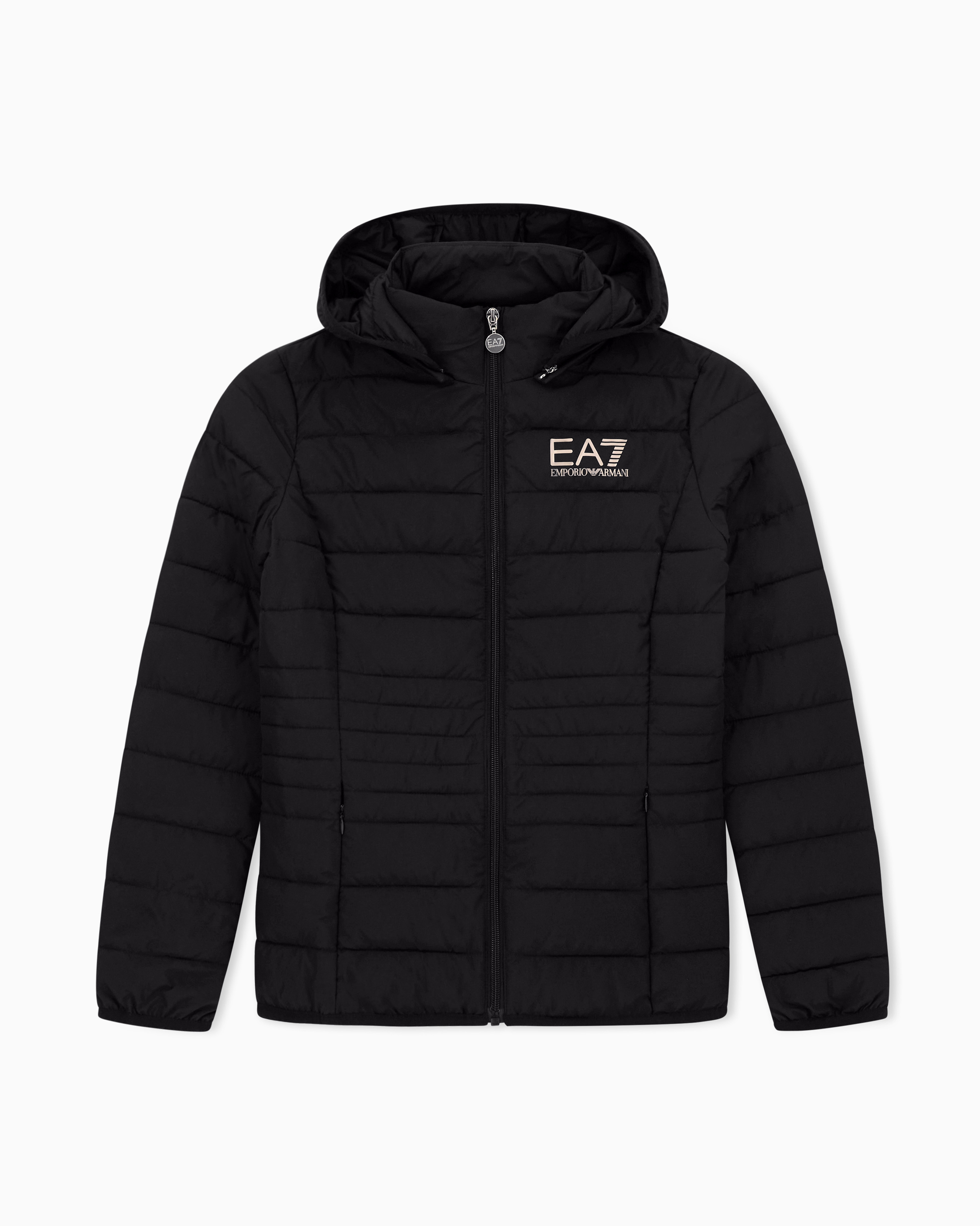 Ea7 Women's Black Padded Jacket In Technical Fabric With A Hood And Zipper
