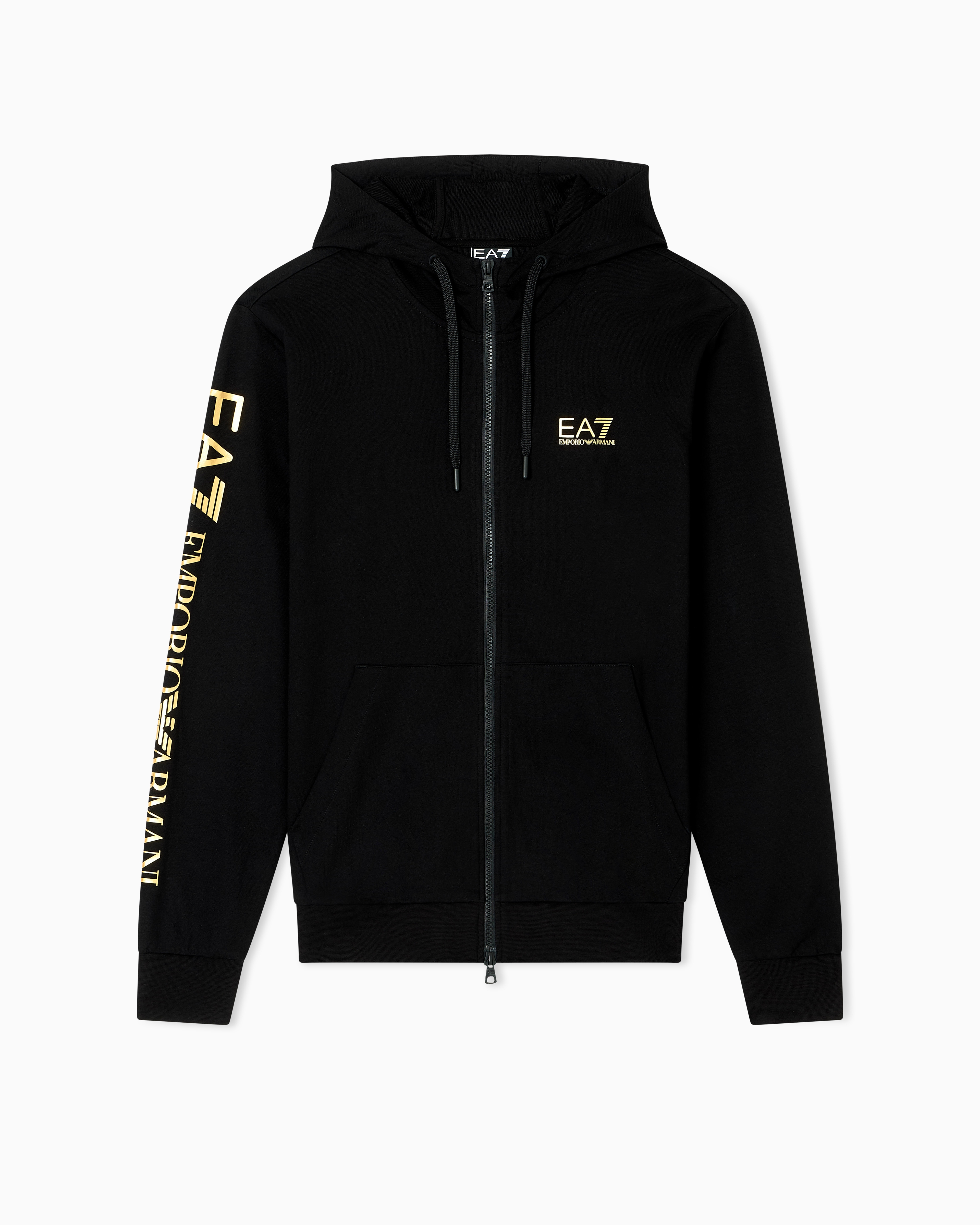 Ea7 Black Logo Series Cotton Hooded, Zip-Up Sweatshirt