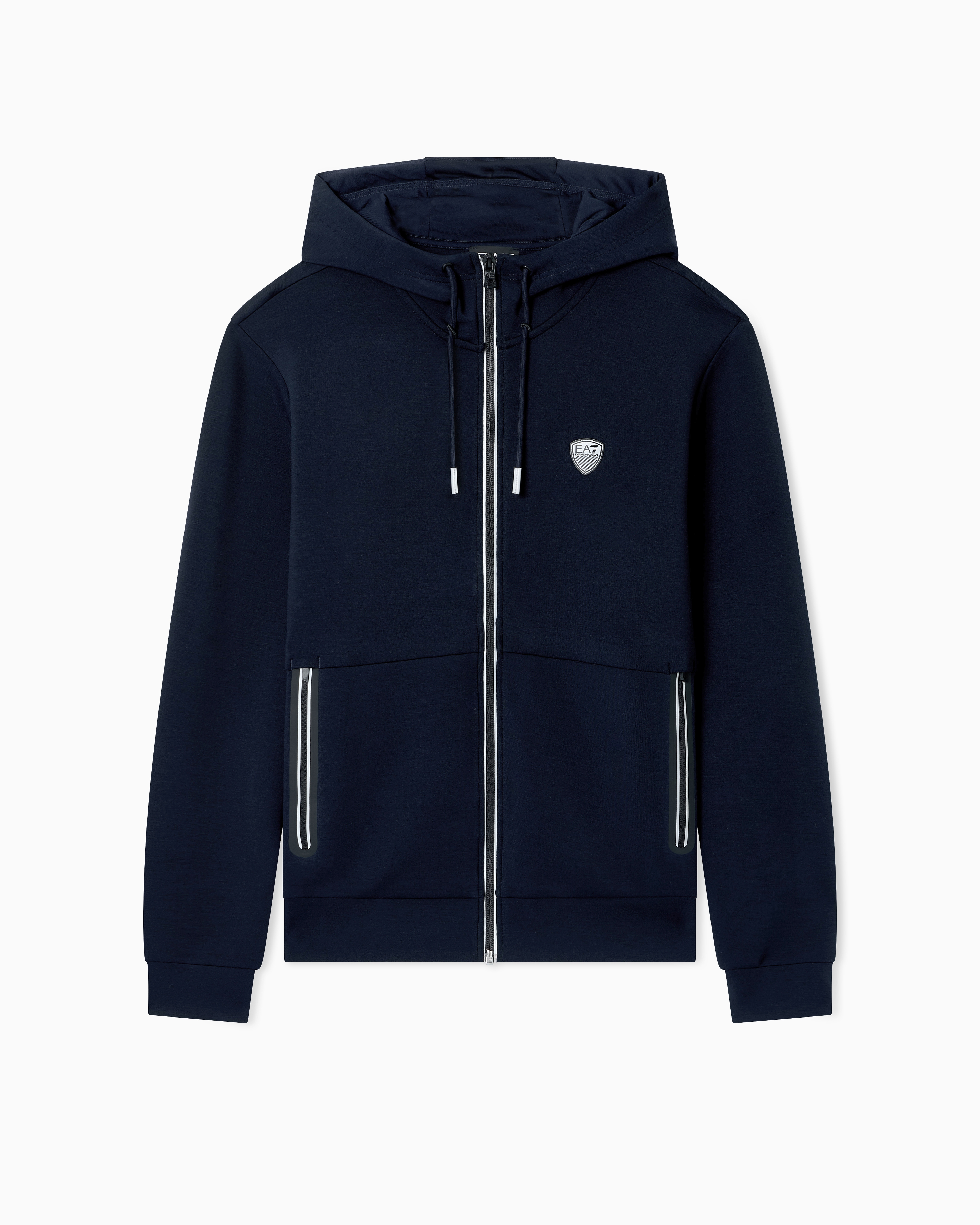 Ea7 Blue Regular Fit Full-Zip Hoodie Premium Shield In Viscose Blend