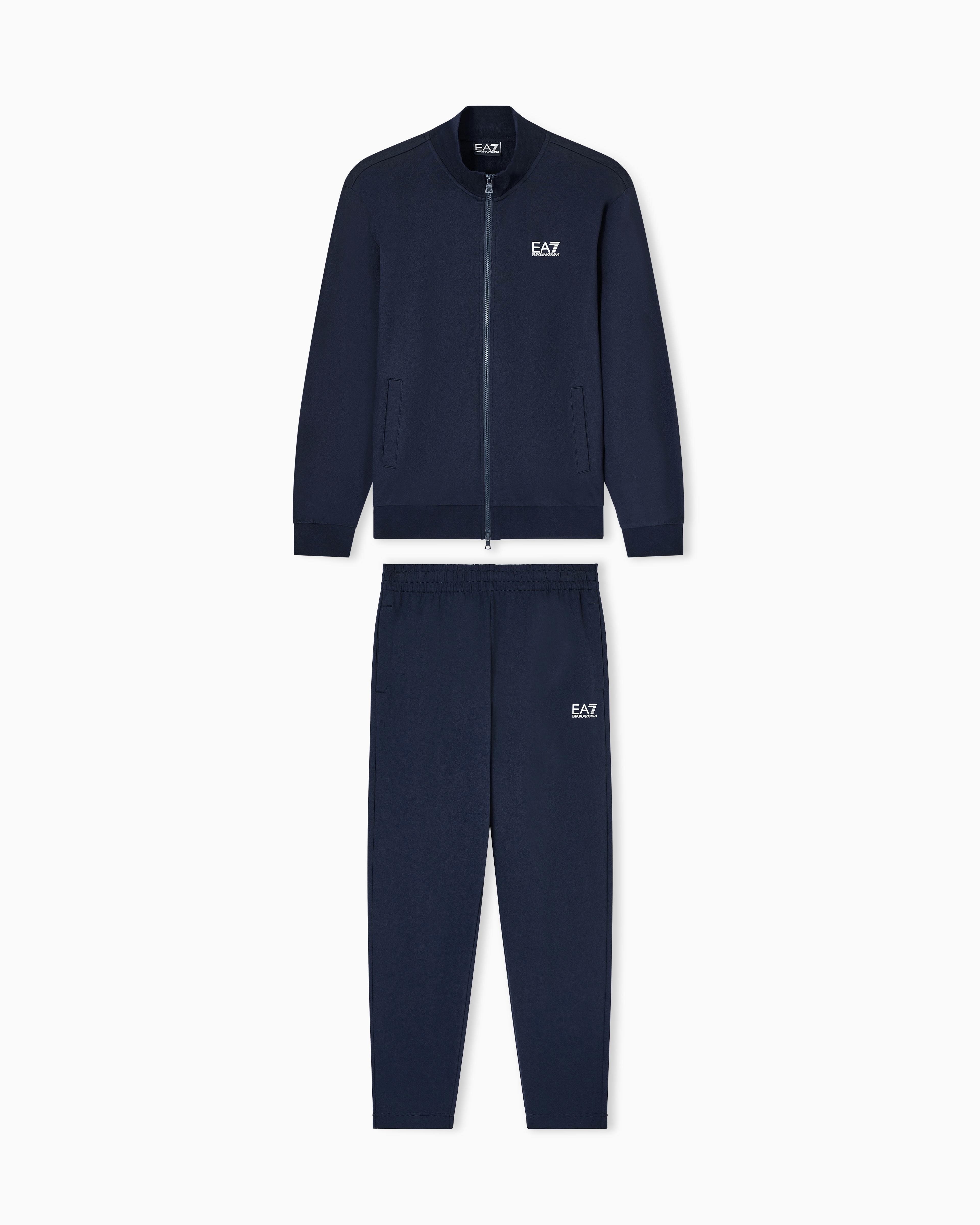 Ea7 Men's Blue Cotton Suit With A Stand Collar And Zip Core Identity