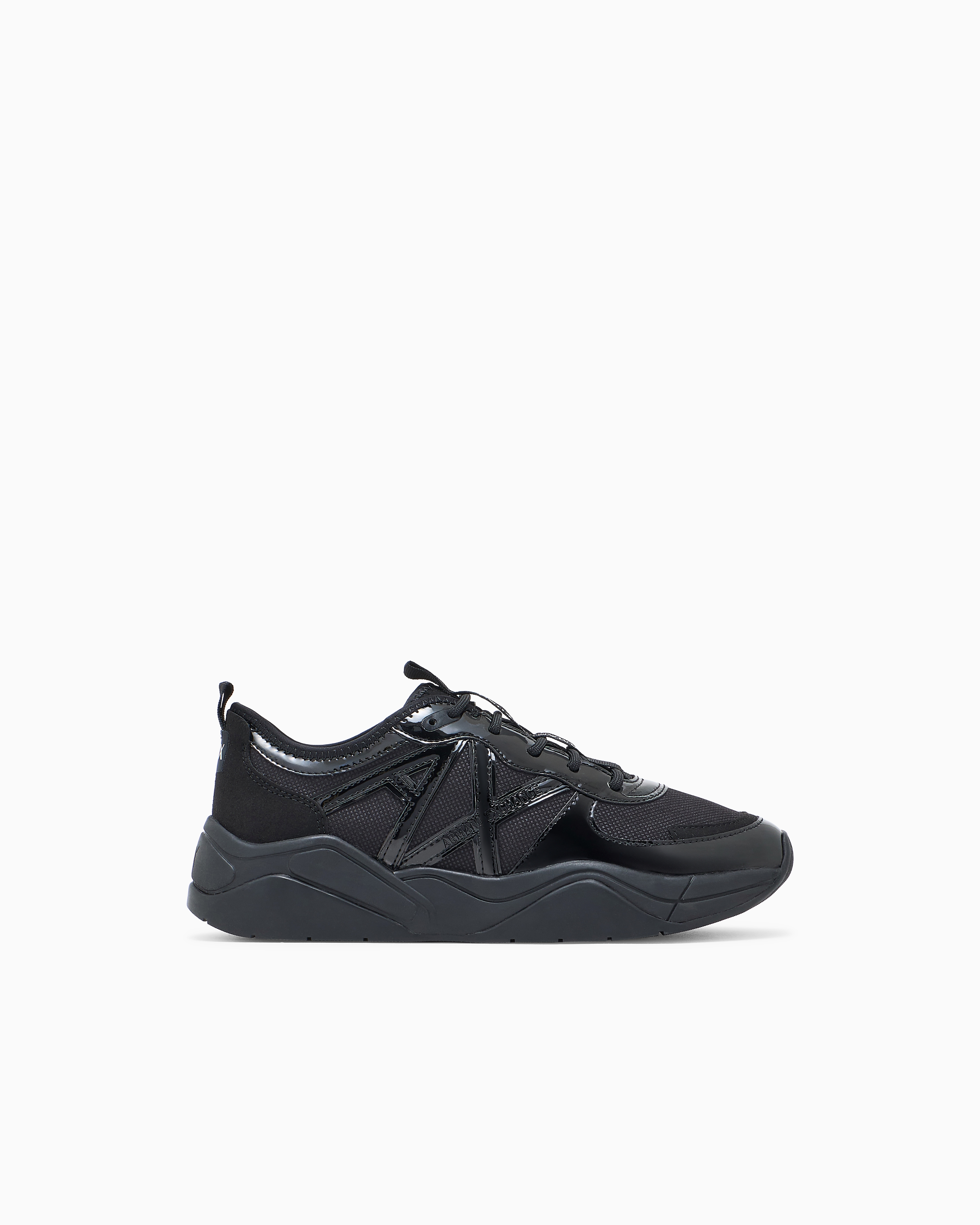 Armani Exchange Black Sneakers In Mesh With Patent And Microsuede Details