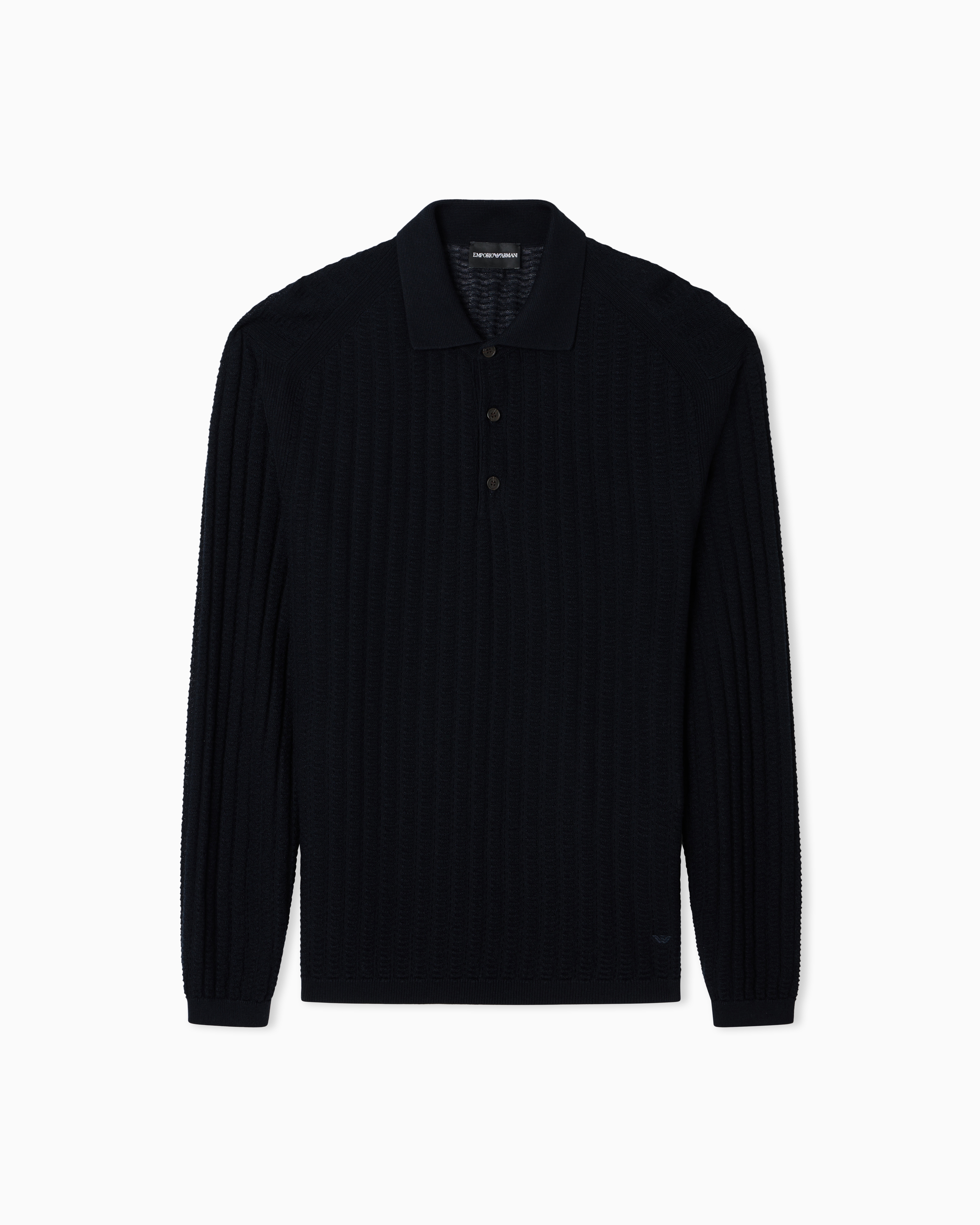Emporio Armani Navy Blue Wool And Lyocell-Blend Polo Collar Jumper In A Patterned Stitch