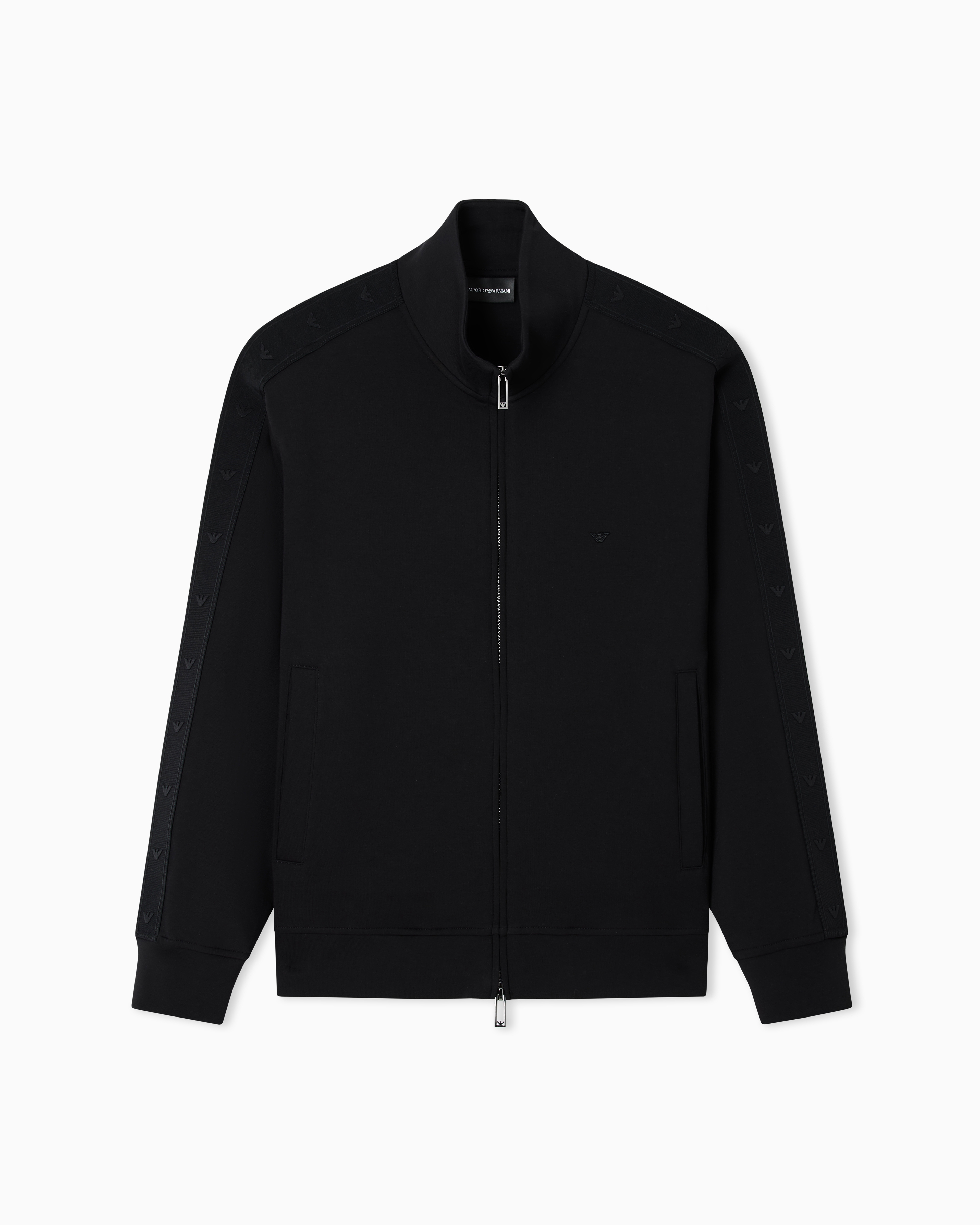 Emporio Armani Black Full-Zip Sweatshirt In Double Jersey With Micro-Eagle Band