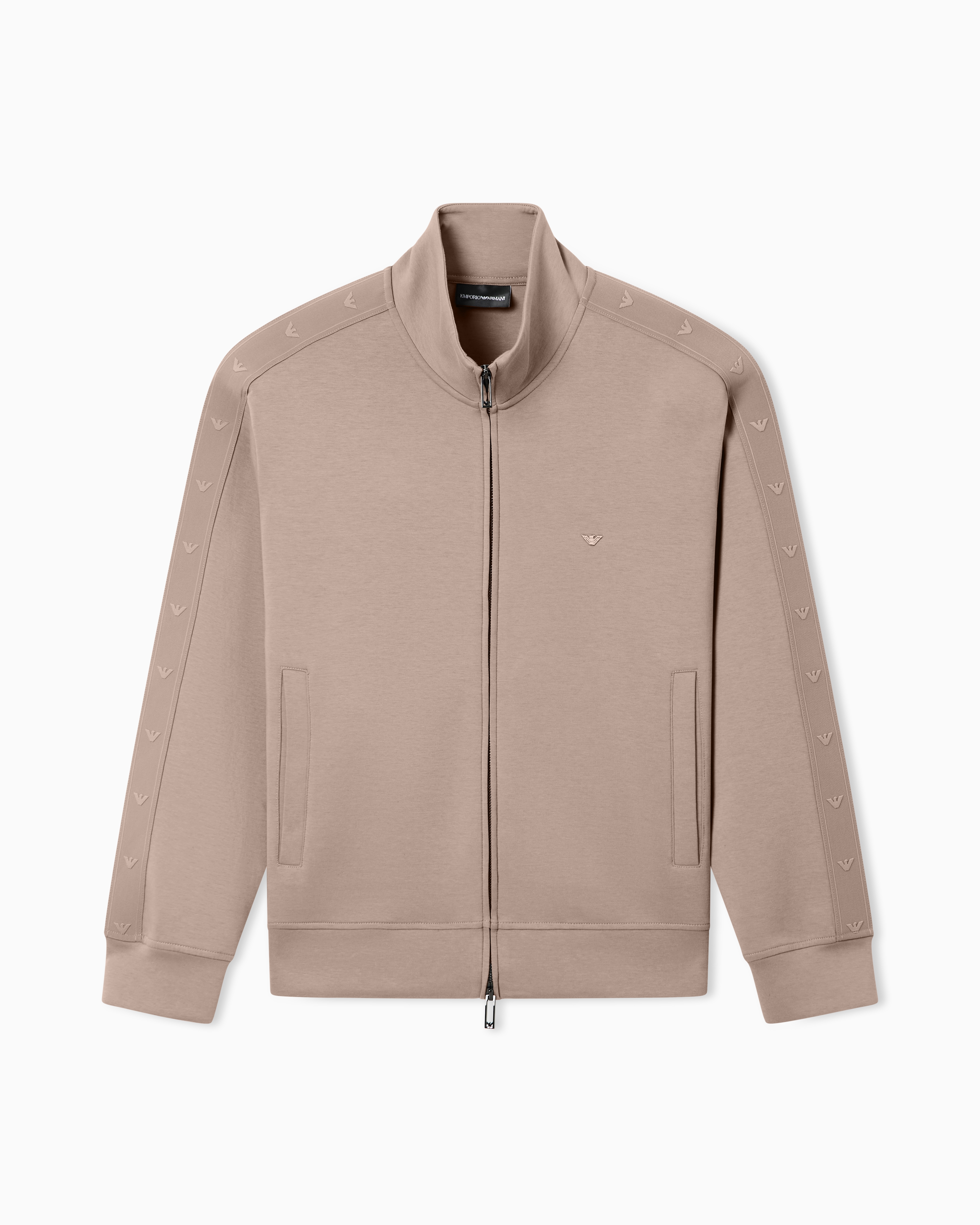 Emporio Armani Beige Full-Zip Sweatshirt In Double Jersey With Micro-Eagle Band