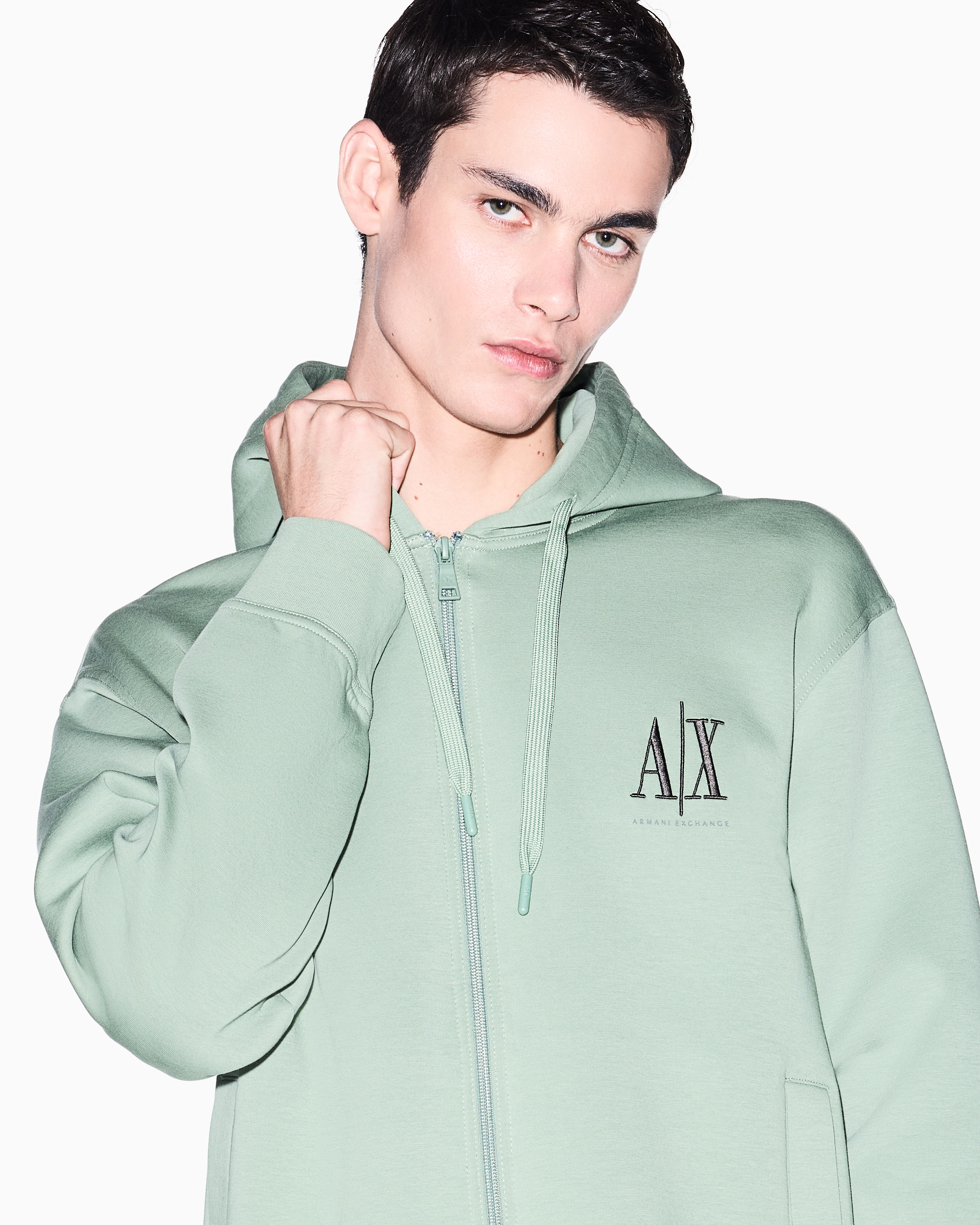 Full-zip hoodie in bonded stretch cotton with logo Icon | Armani
