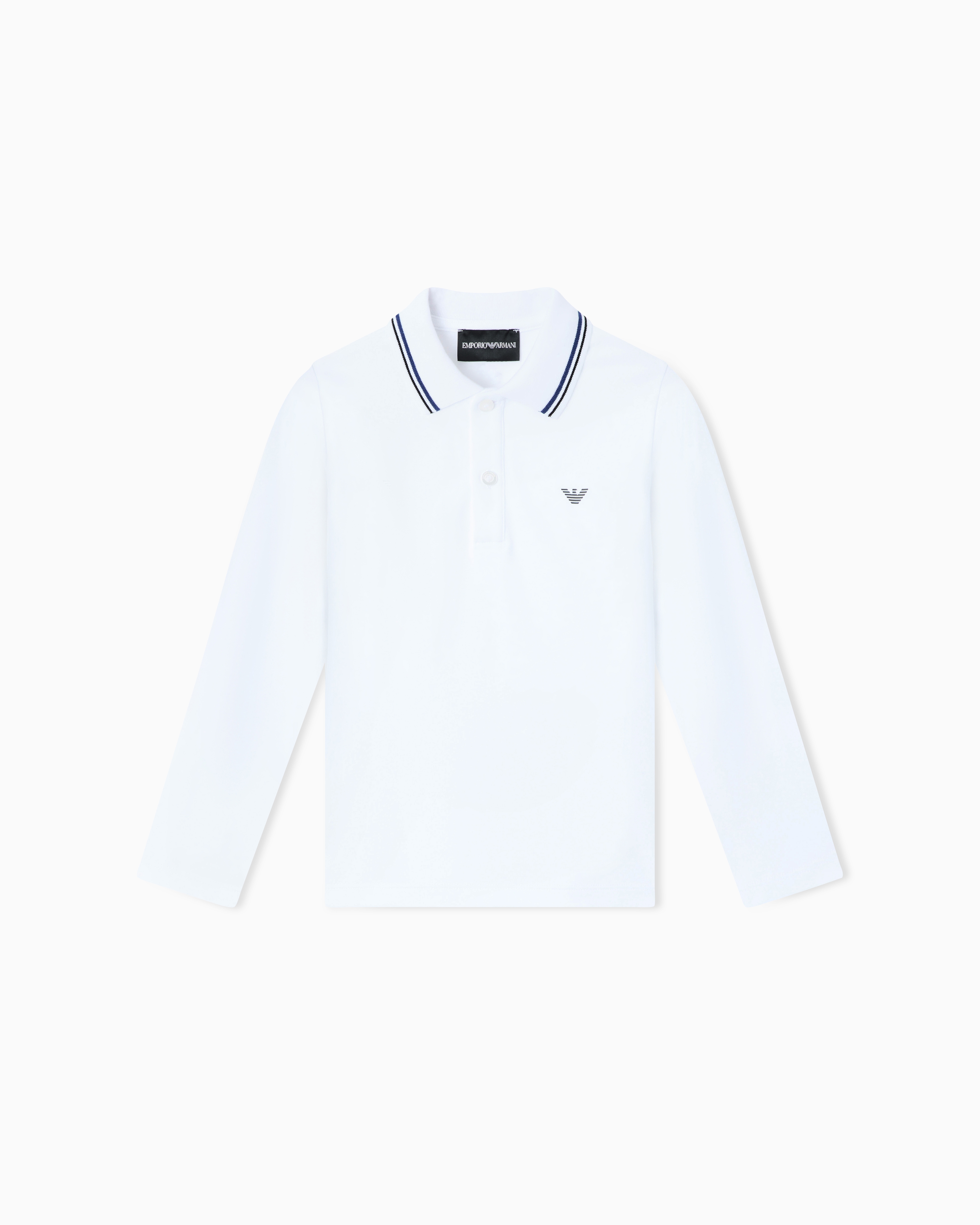 Emporio Armani White Long-Sleeved Stretch Piqué Polo Shirt With Micro Eagle Embroidery