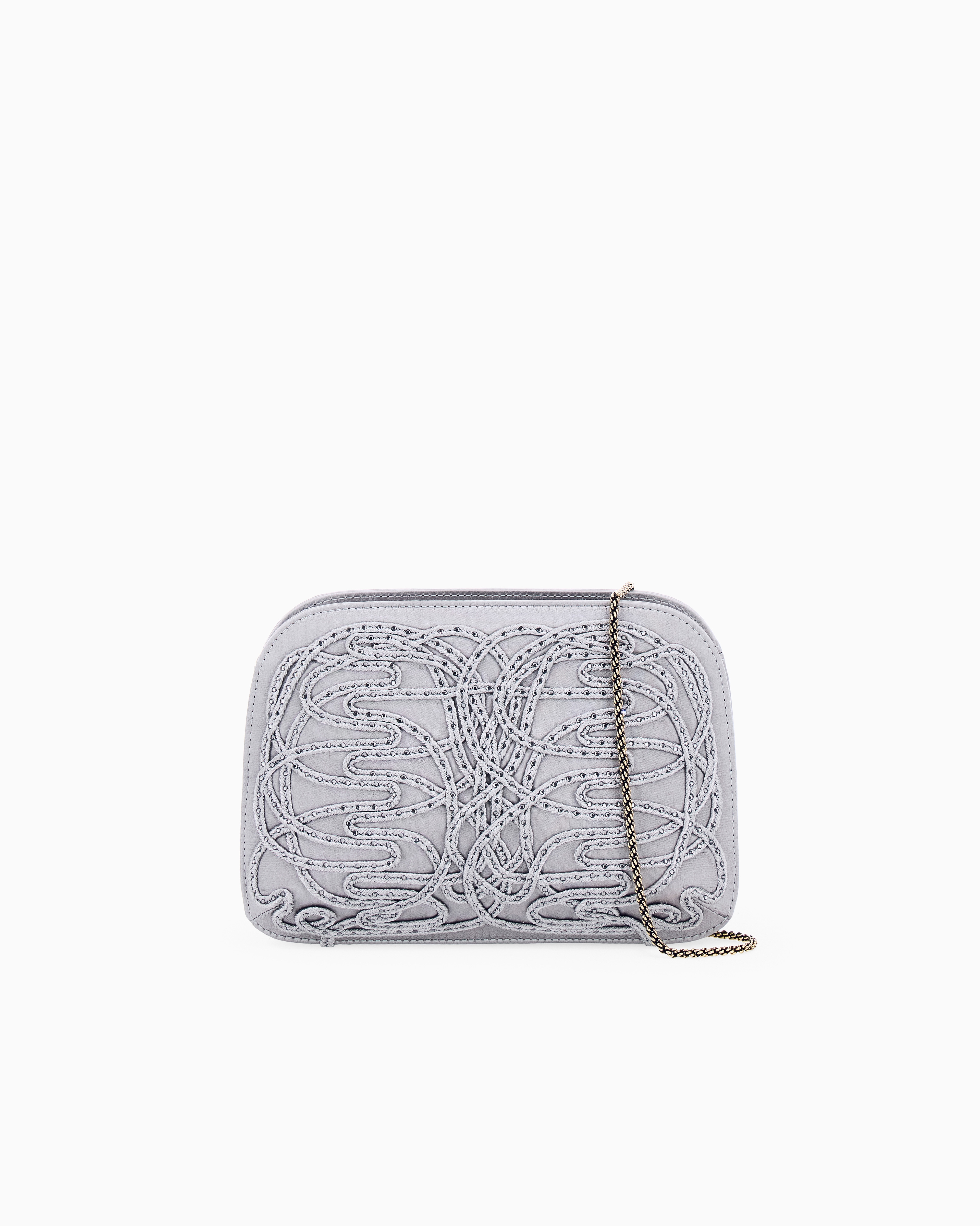 Giorgio Armani Silver Clutch La Prima In Satin With Soutage And Rhinestones
