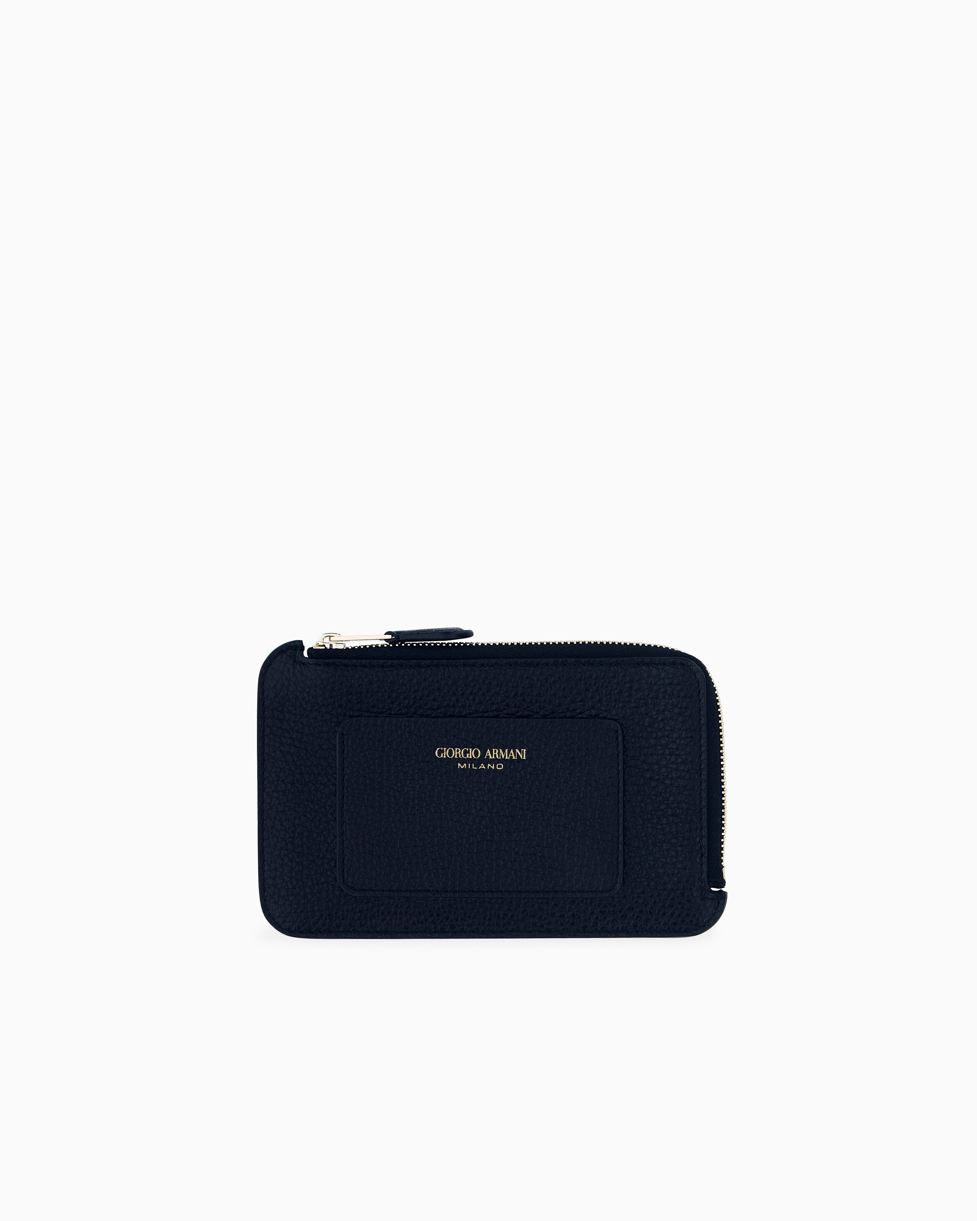 Giorgio Armani Black Half Zip-Around Granulated Leather Wallet With Logo Pocket