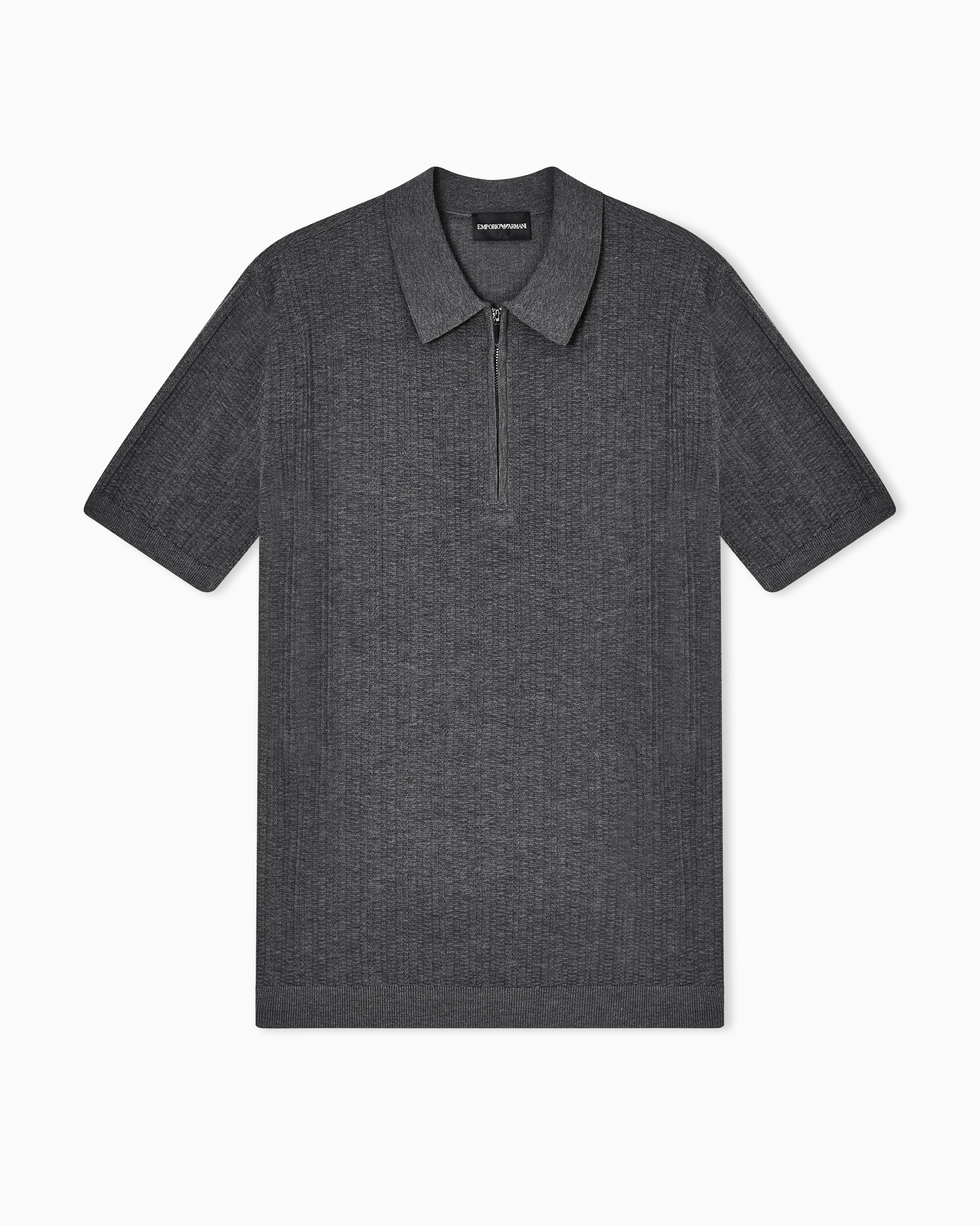 Emporio Armani Grey Vertical Tuck-Stitch Jumper With Polo-Shirt Collar