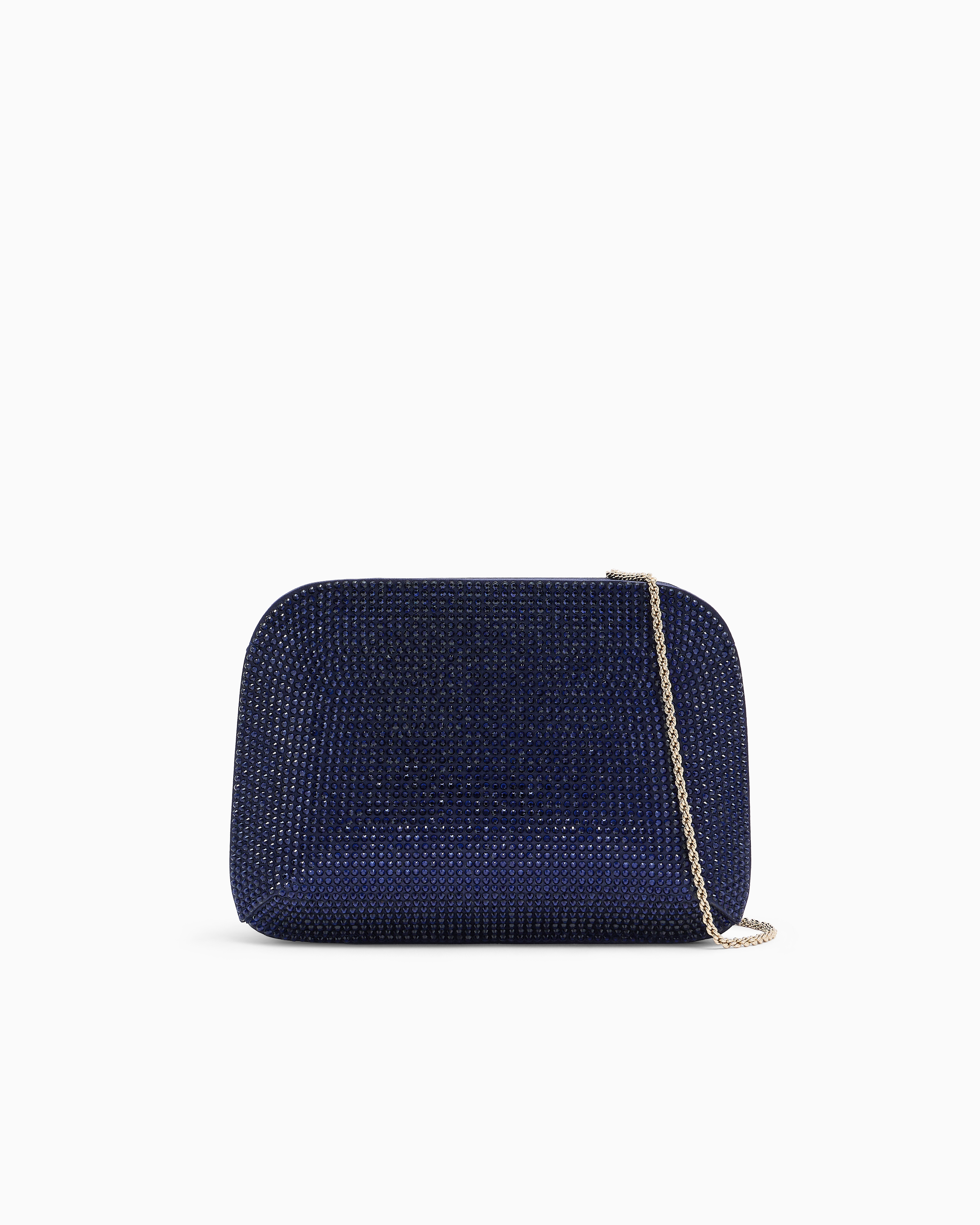 Giorgio Armani Blue Satin And Silk Clutch With Rhinestones And Chain Shoulder Strap