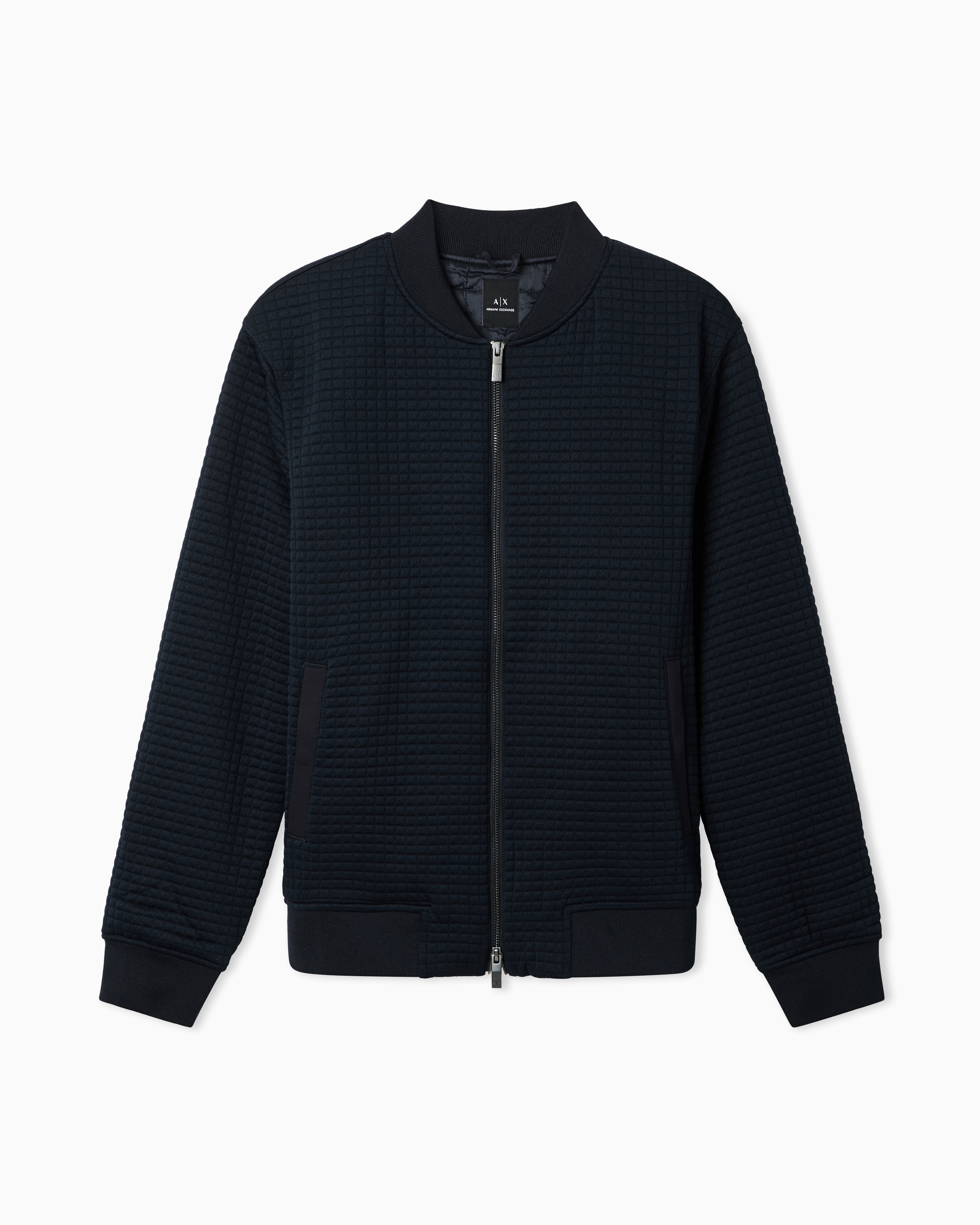 Armani Exchange Navy Blue Stretch Bomber Jacket In Jacquard With Zip And Ribbed Trims