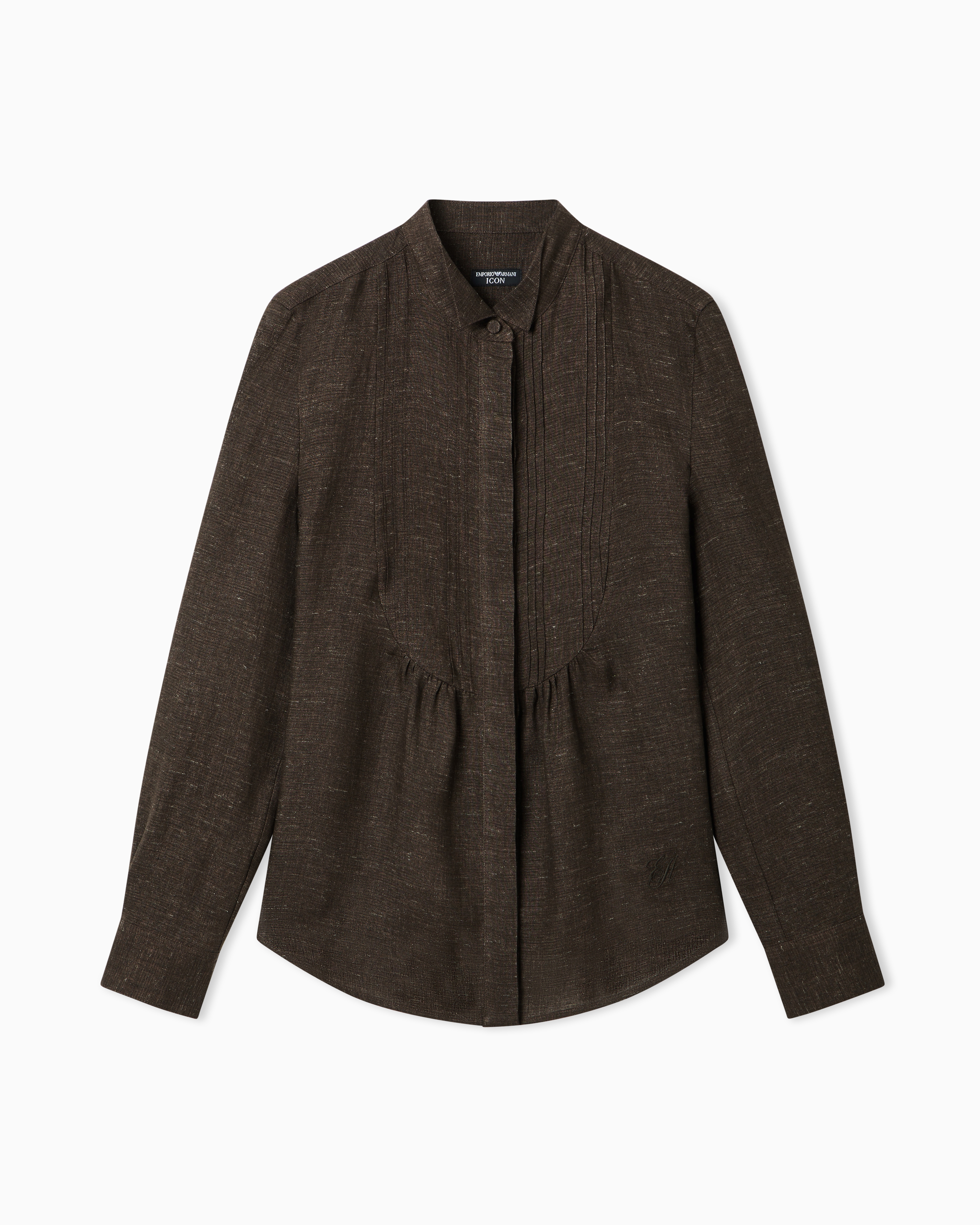 Emporio Armani Brown Icon Linen Chambray Shirt With Plastron