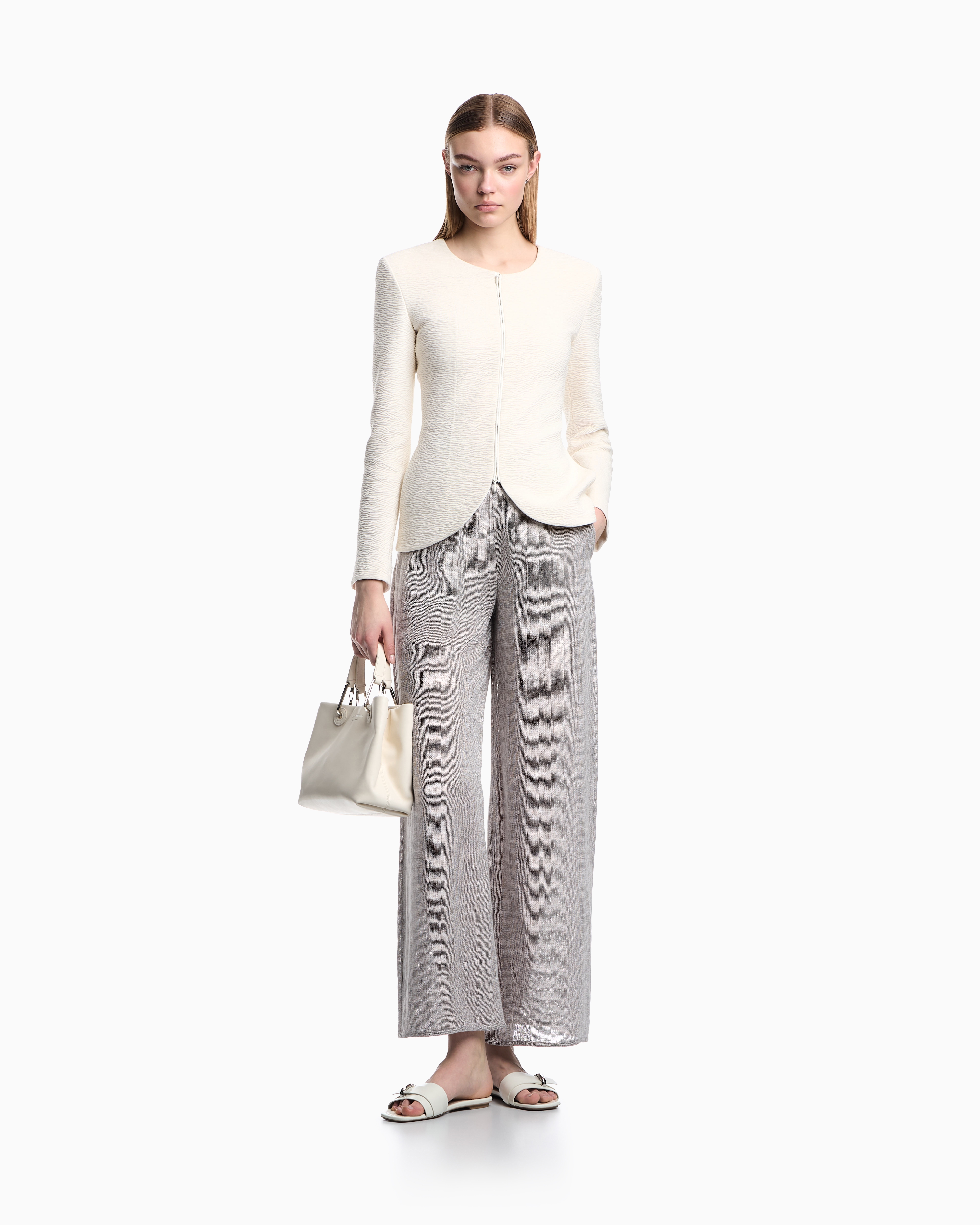Emporio Armani Linen Wide Leg Textured Trousers In Gray